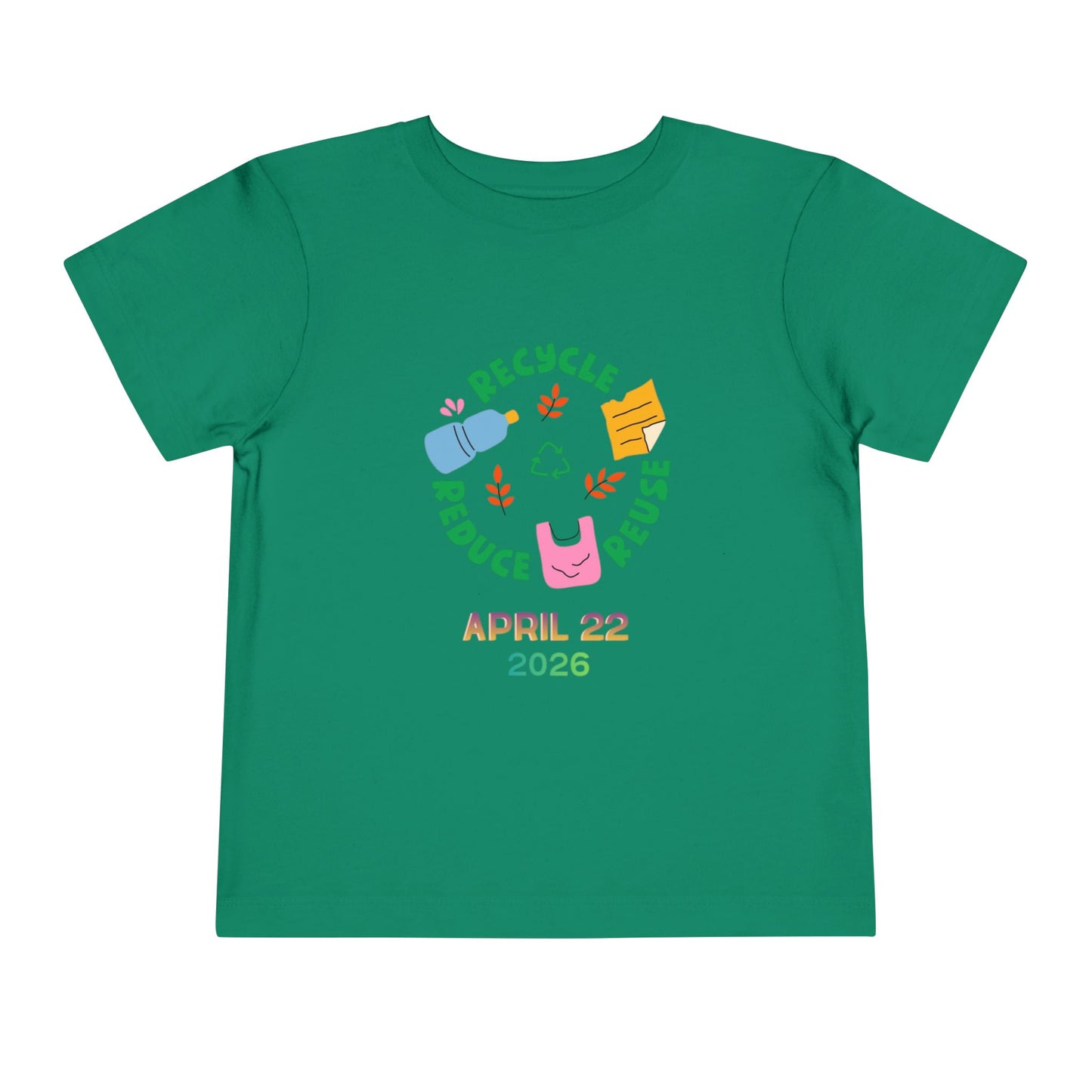 Soft cotton toddler tee with Recycle Reduce Reuse icons and April 22 2026 date. Perfect for Earth Day celebrations and eco-friendly kids. Sizes 2T-5T. Kelly Green