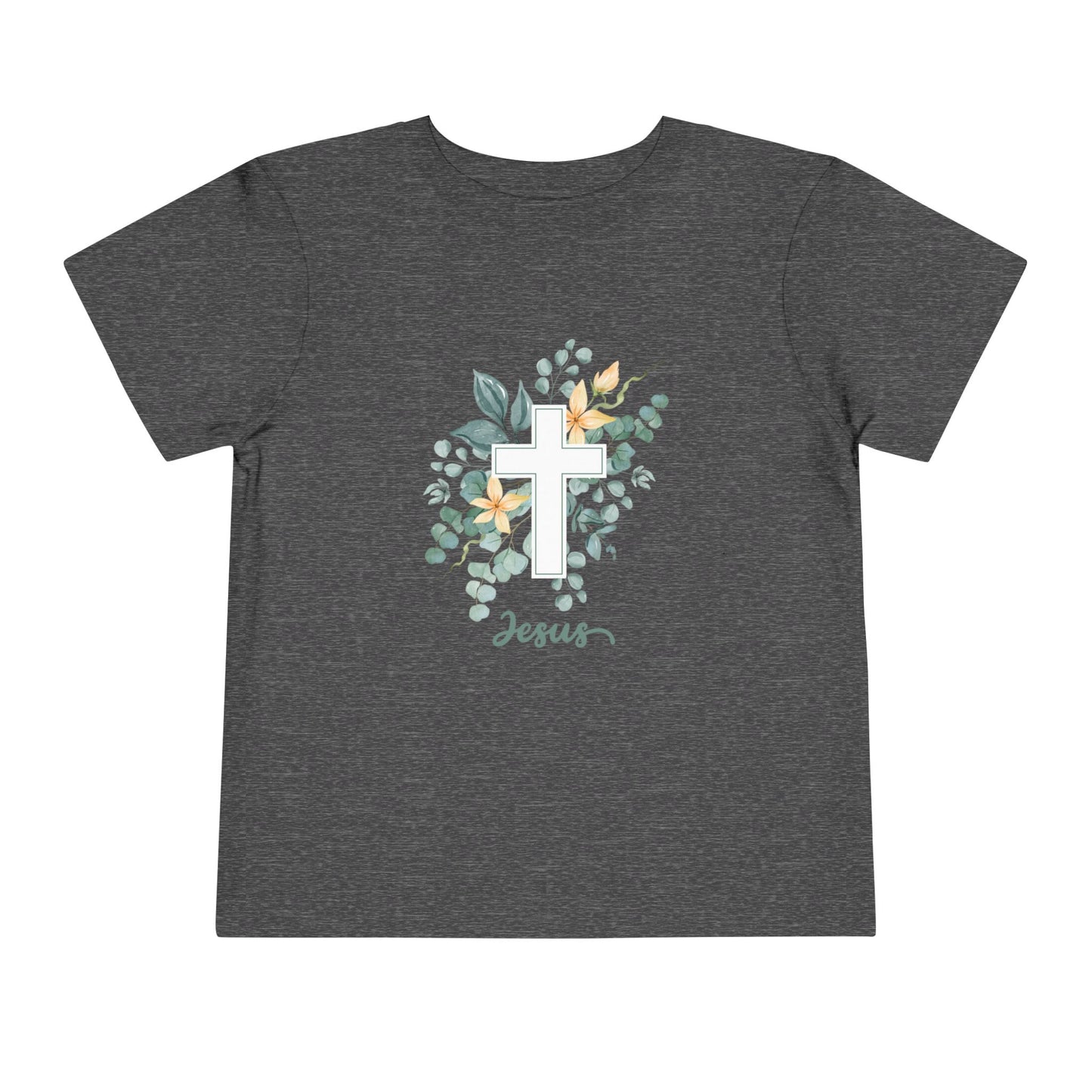 Soft cotton toddler tee with watercolor cross, greenery, and Jesus script. Perfect for church, Easter, and faith-based celebrations. Sizes 2T-5T.
Deep Heather Grey