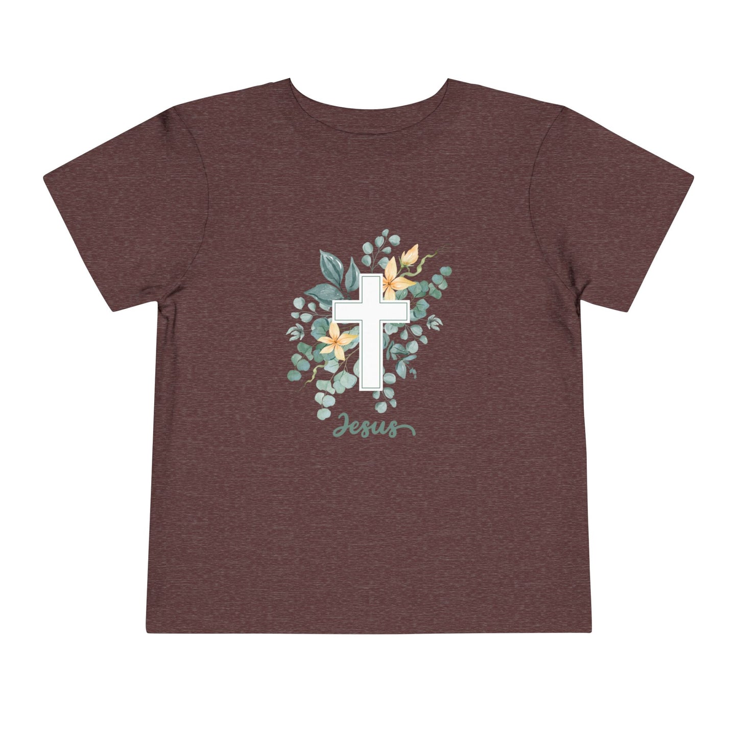 Soft cotton toddler tee with watercolor cross, greenery, and Jesus script. Perfect for church, Easter, and faith-based celebrations. Sizes 2T-5T.
Heather Maroon