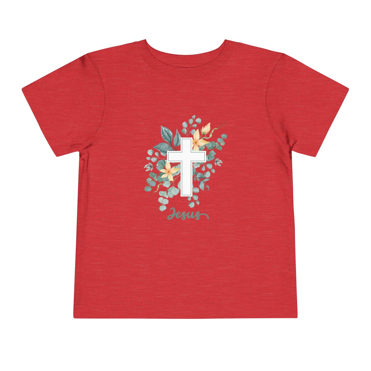Soft cotton toddler tee with watercolor cross, greenery, and Jesus script. Perfect for church, Easter, and faith-based celebrations. Sizes 2T-5T.
Heather Red