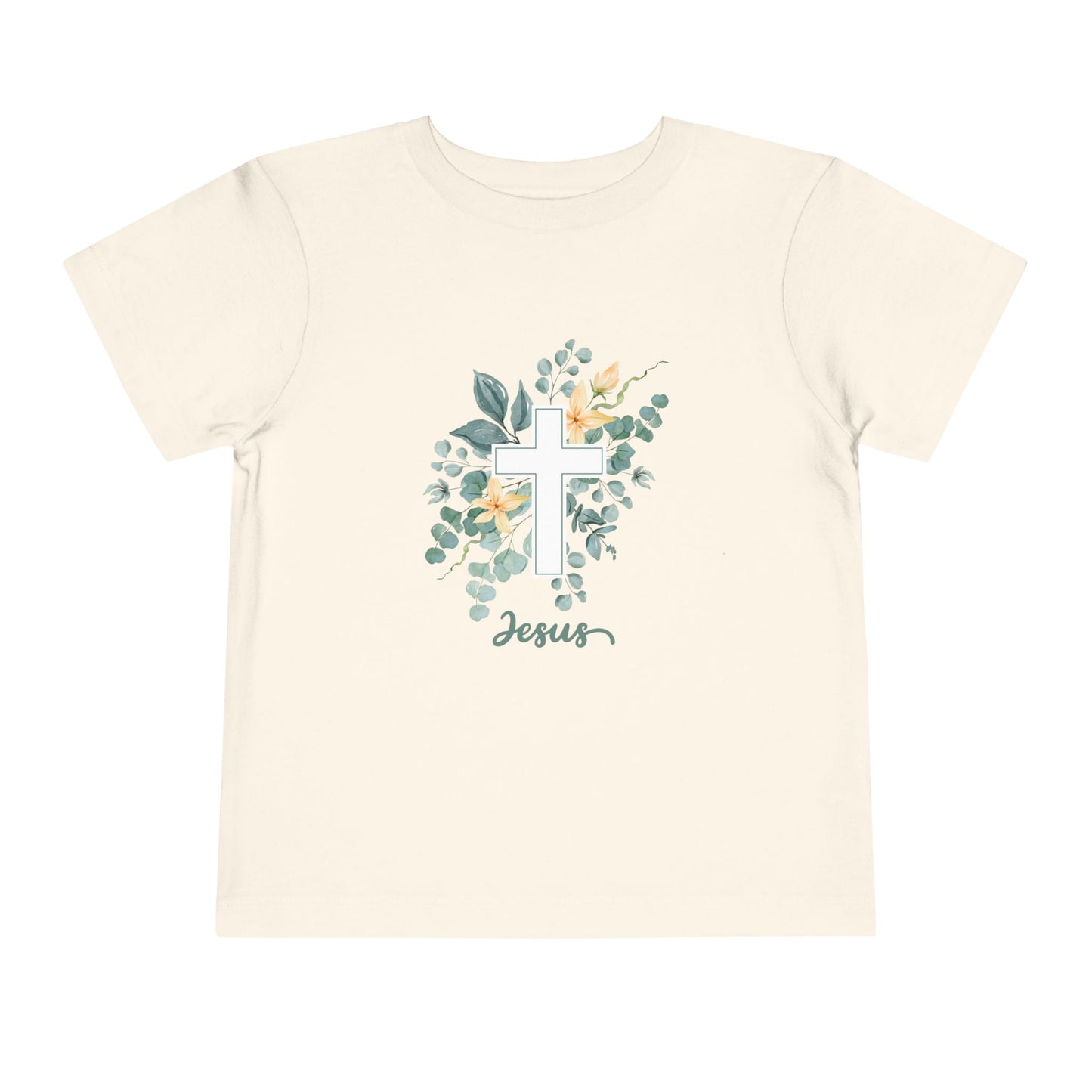 Soft cotton toddler tee with watercolor cross, greenery, and Jesus script. Perfect for church, Easter, and faith-based celebrations. Sizes 2T-5T.
Natural