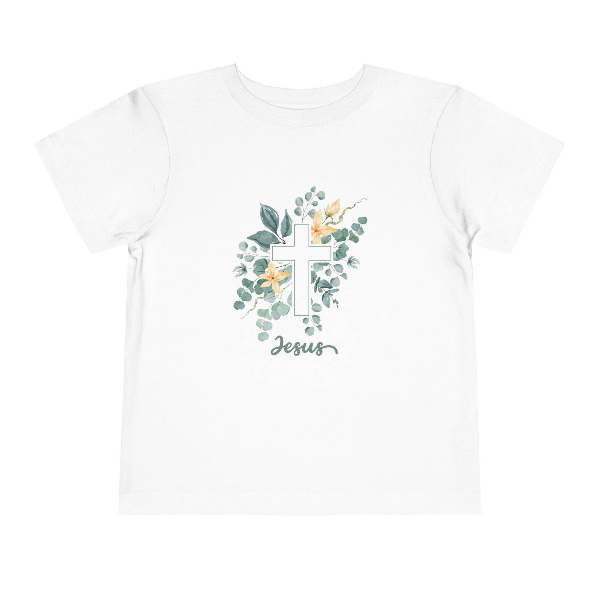Soft cotton toddler tee with watercolor cross, greenery, and Jesus script. Perfect for church, Easter, and faith-based celebrations. Sizes 2T-5T.
White