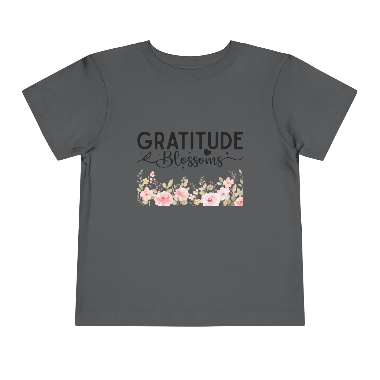 Soft cotton toddler tee with Gratitude Blooms text and watercolor florals. Perfect for church, spring celebrations, and faith-based wear. Sizes 2T-5T. Asphalt

