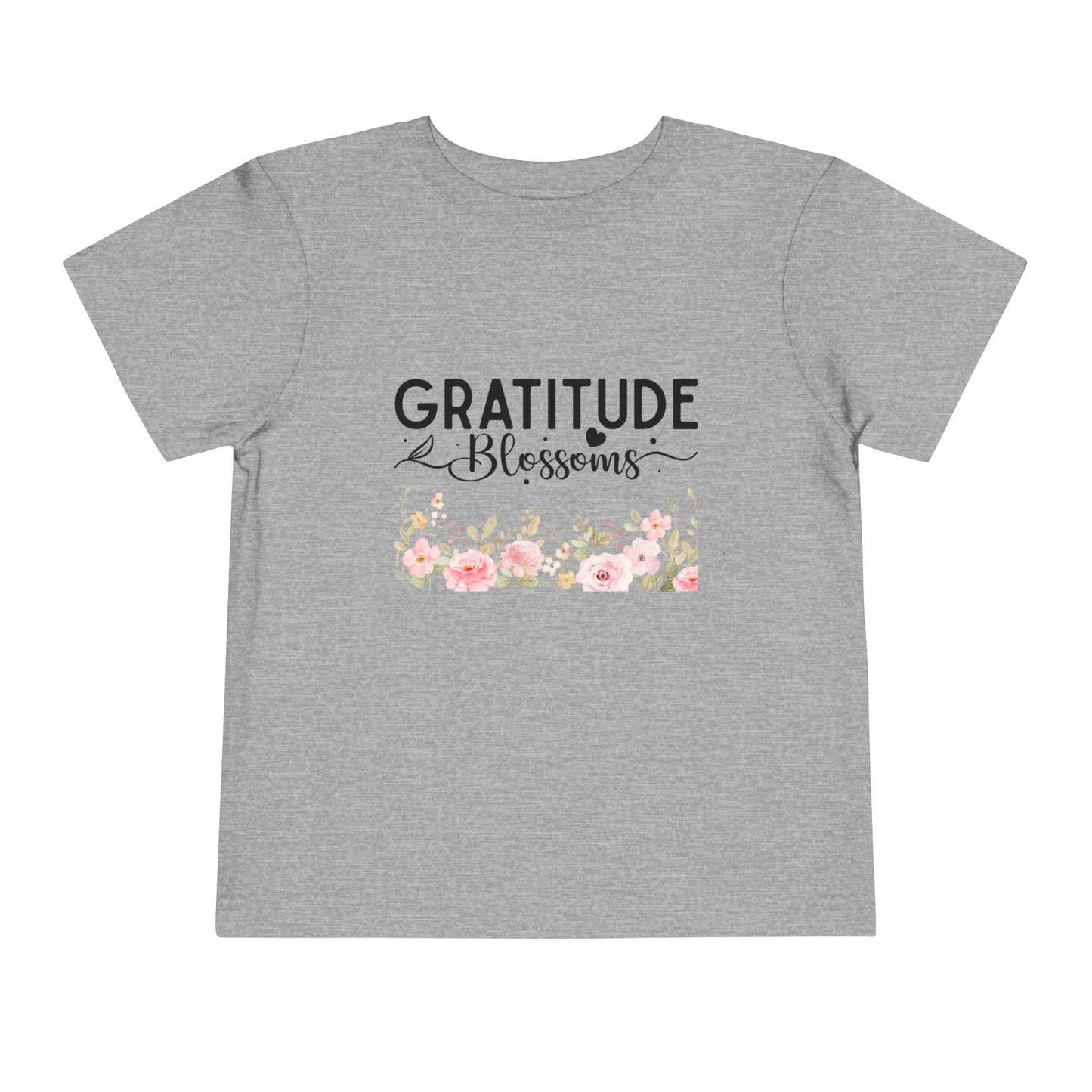 Soft cotton toddler tee with Gratitude Blooms text and watercolor florals. Perfect for church, spring celebrations, and faith-based wear. Sizes 2T-5T. Athletic Heather
