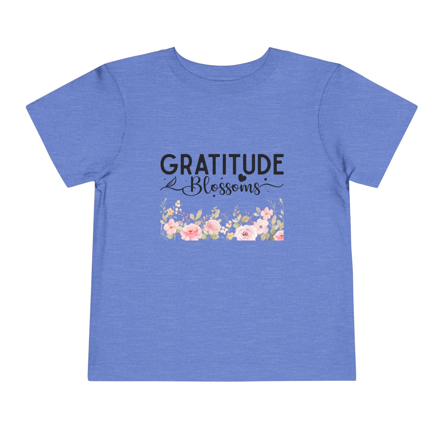 Soft cotton toddler tee with Gratitude Blooms text and watercolor florals. Perfect for church, spring celebrations, and faith-based wear. Sizes 2T-5T. Heather Columbia Blue
