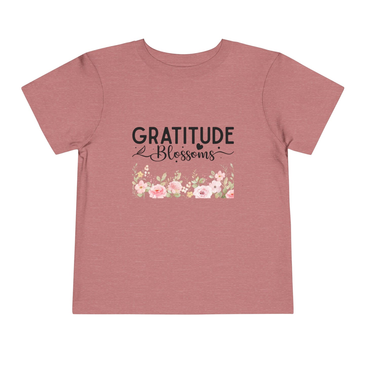 Soft cotton toddler tee with Gratitude Blooms text and watercolor florals. Perfect for church, spring celebrations, and faith-based wear. Sizes 2T-5T. Heather Mauve
