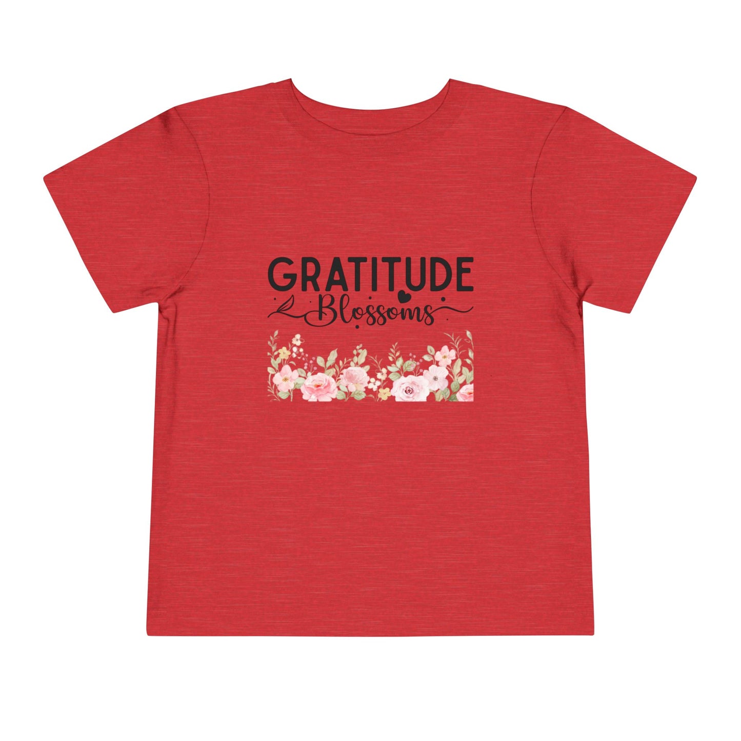 Soft cotton toddler tee with Gratitude Blooms text and watercolor florals. Perfect for church, spring celebrations, and faith-based wear. Sizes 2T-5T. Heather Red
