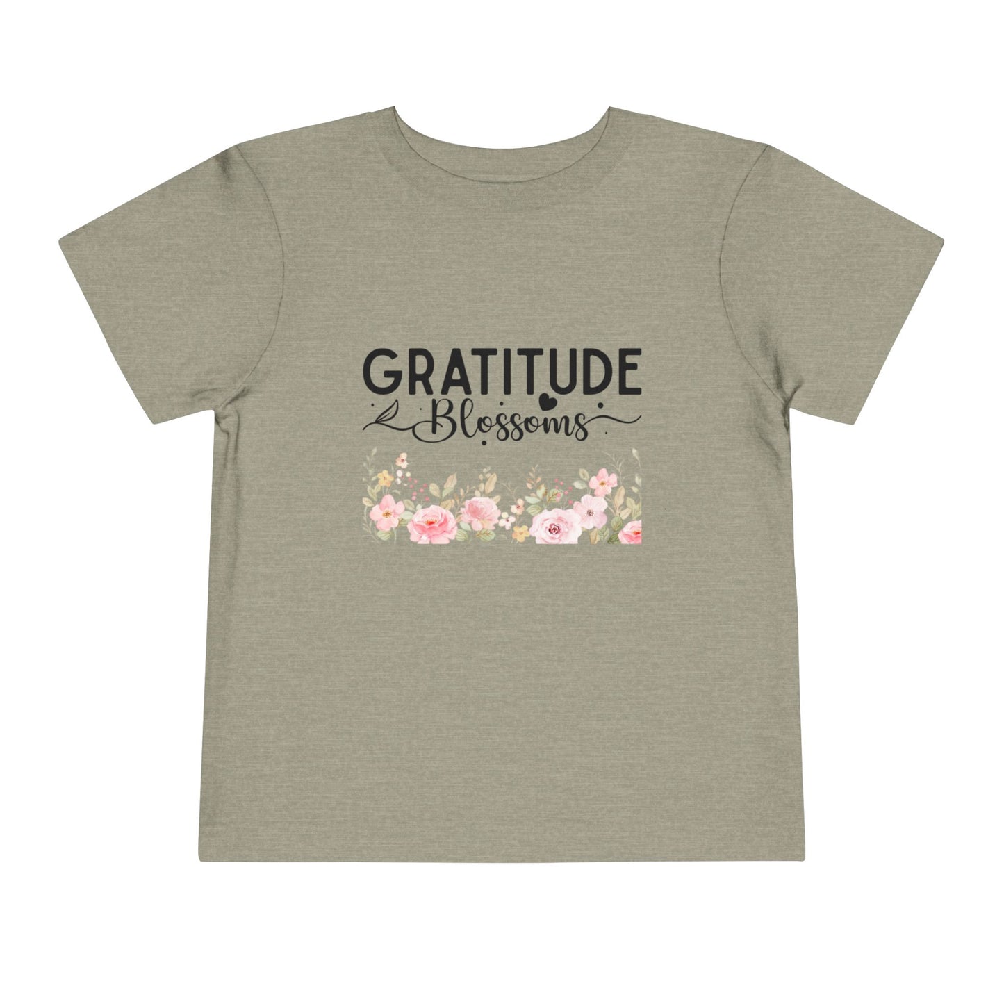 Soft cotton toddler tee with Gratitude Blooms text and watercolor florals. Perfect for church, spring celebrations, and faith-based wear. Sizes 2T-5T. Heather Stone