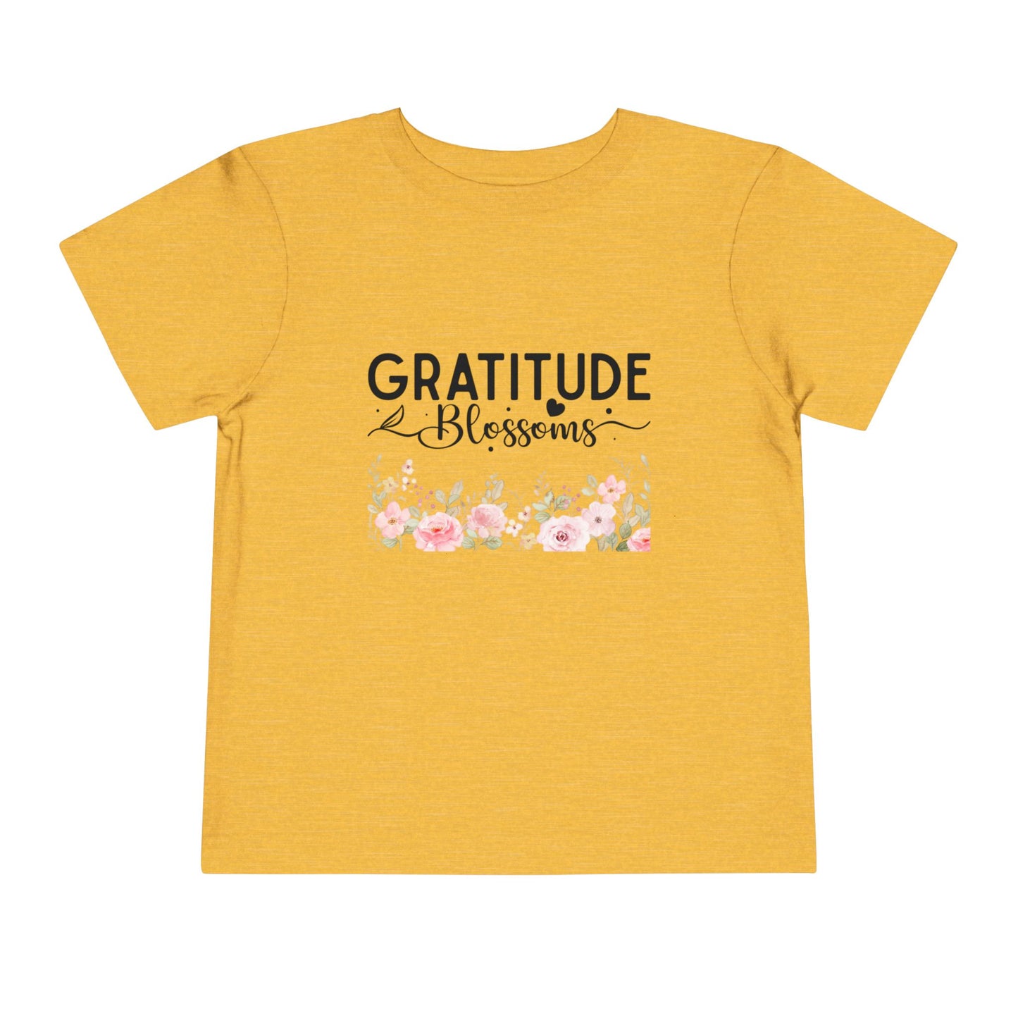Soft cotton toddler tee with Gratitude Blooms text and watercolor florals. Perfect for church, spring celebrations, and faith-based wear. Sizes 2T-5T. Heather Yellow Gold
