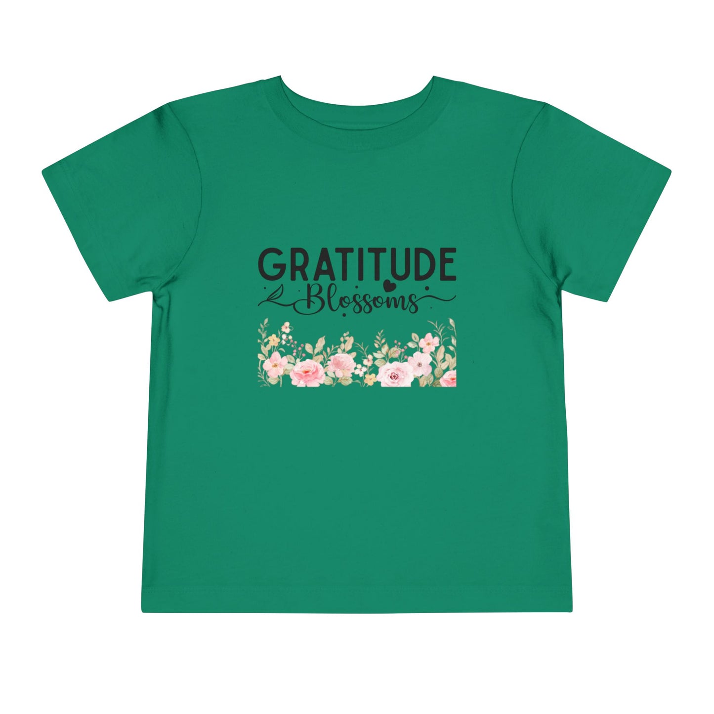 Soft cotton toddler tee with Gratitude Blooms text and watercolor florals. Perfect for church, spring celebrations, and faith-based wear. Sizes 2T-5T. Kelly Green
