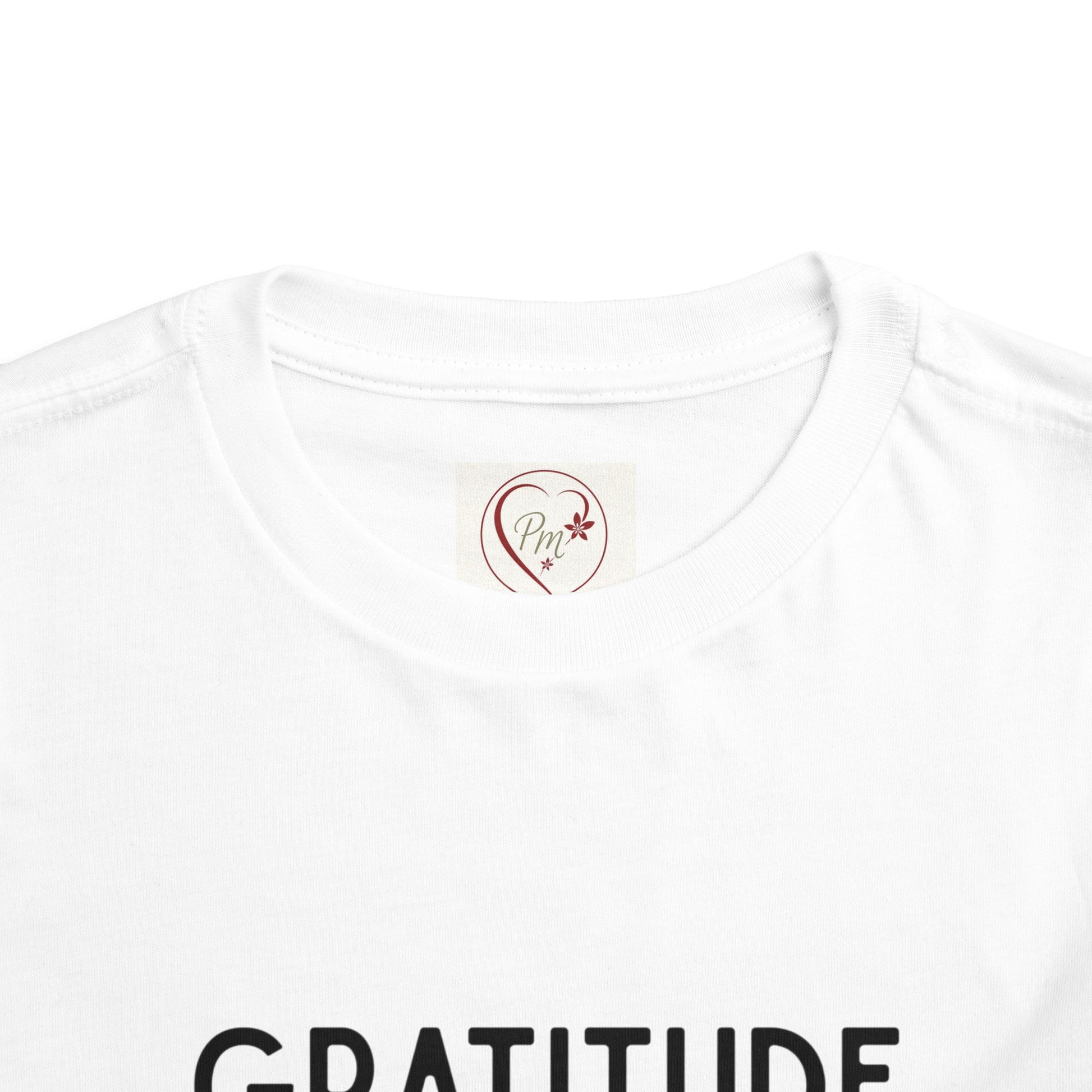 White t-shirt with 'GRATITUDE' text and a PM Creations 25 logo on a white background