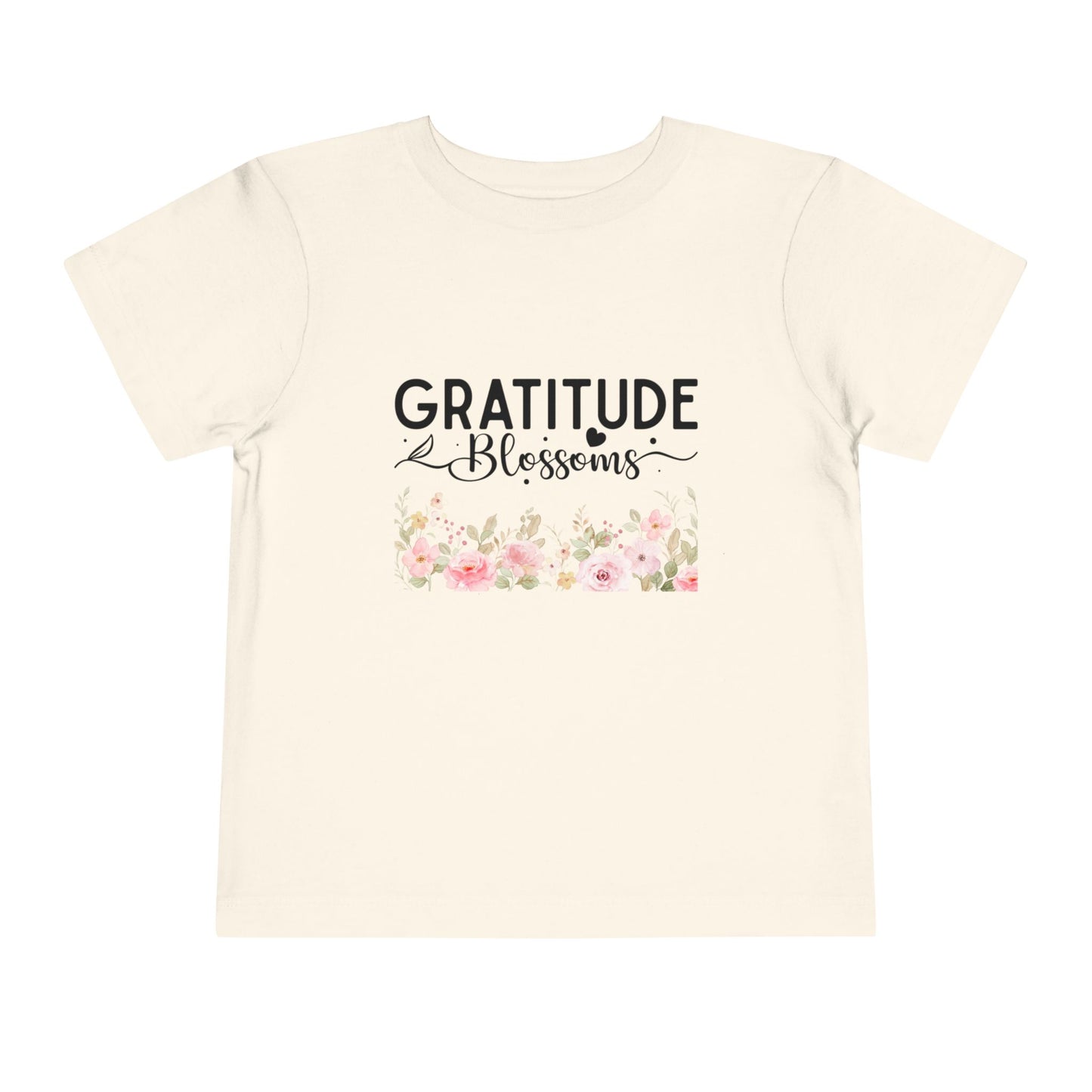 Soft cotton toddler tee with Gratitude Blooms text and watercolor florals. Perfect for church, spring celebrations, and faith-based wear. Sizes 2T-5T. Natural
