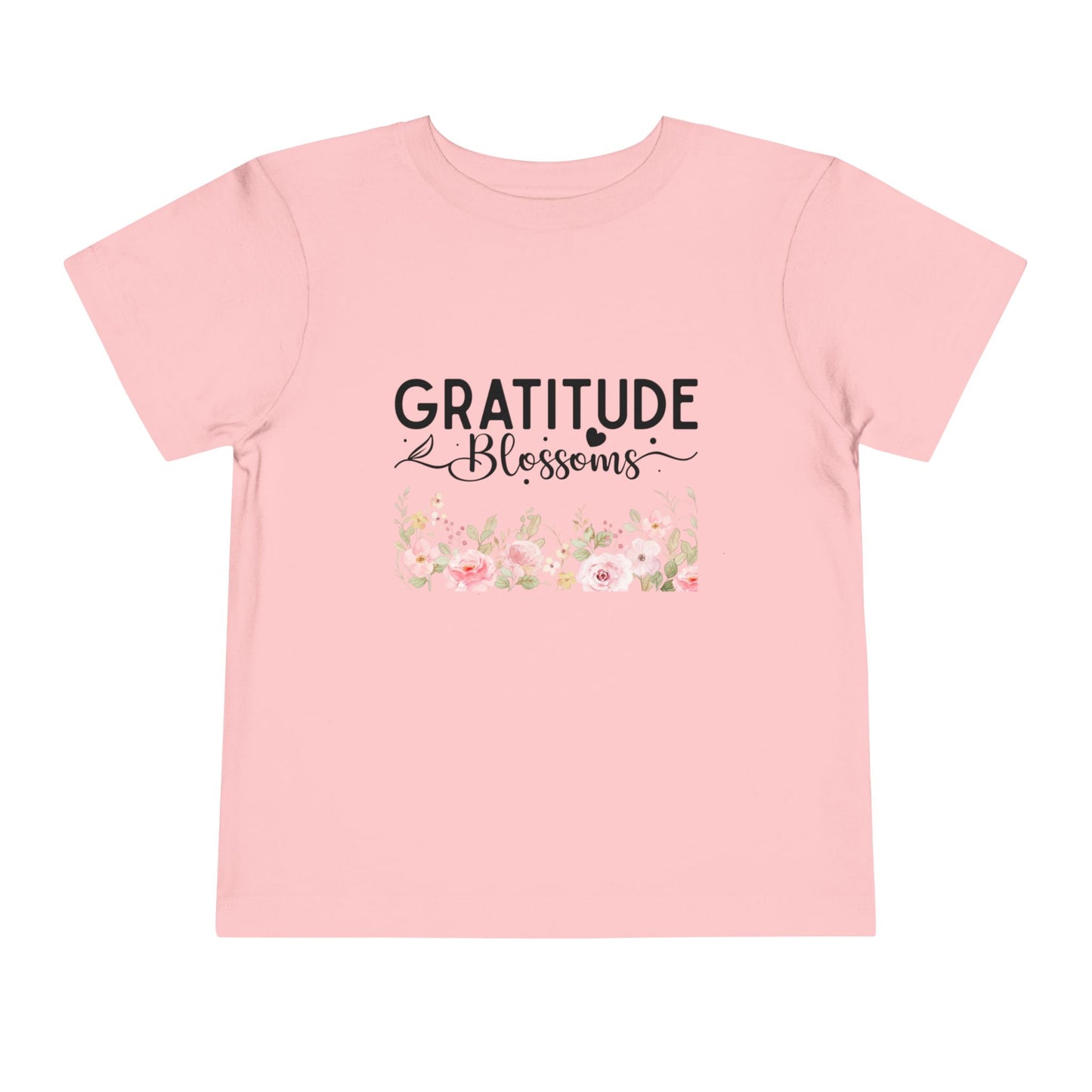 Soft cotton toddler tee with Gratitude Blooms text and watercolor florals. Perfect for church, spring celebrations, and faith-based wear. Sizes 2T-5T. Pink
