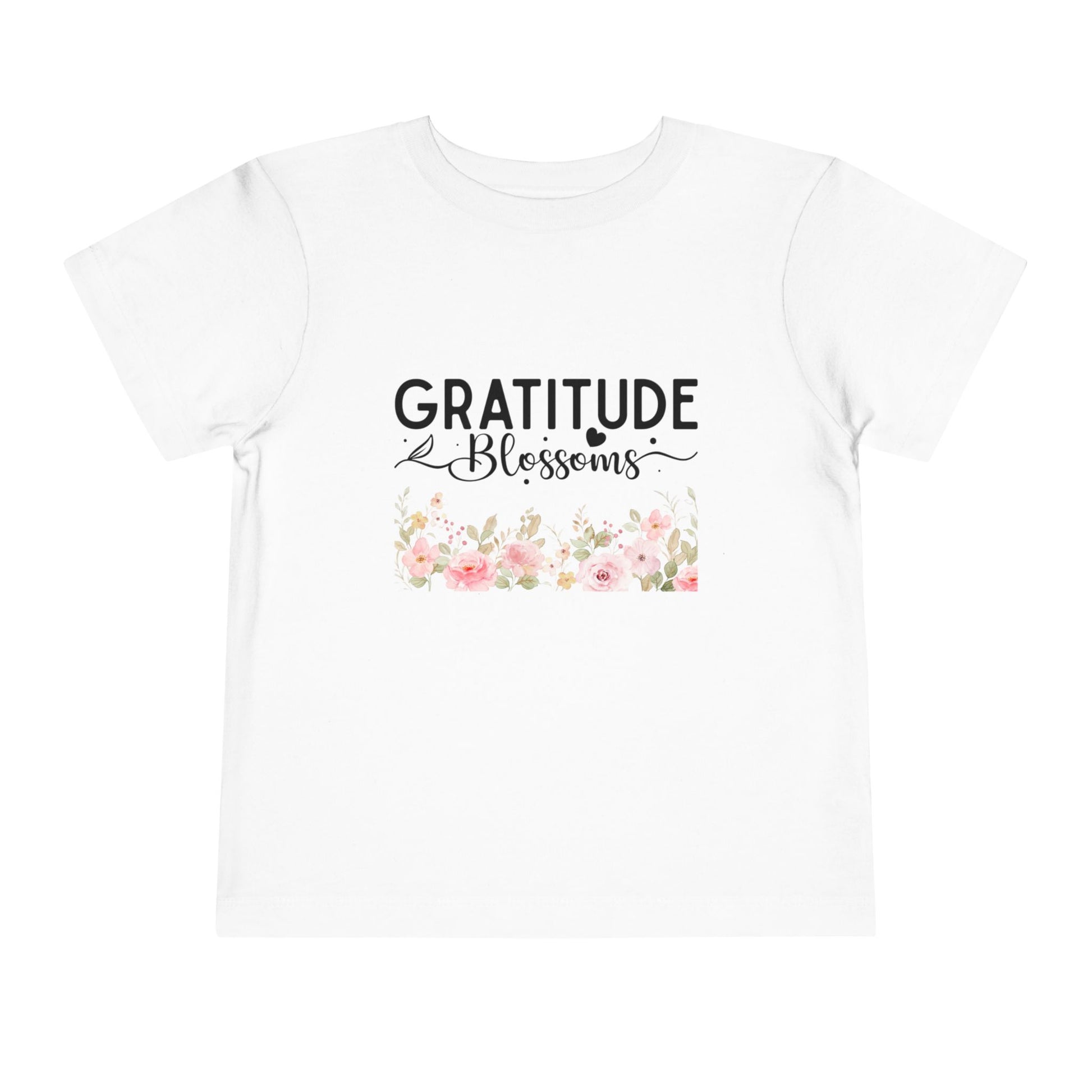 Soft cotton toddler tee with Gratitude Blooms text and watercolor florals. Perfect for church, spring celebrations, and faith-based wear. Sizes 2T-5T. White

