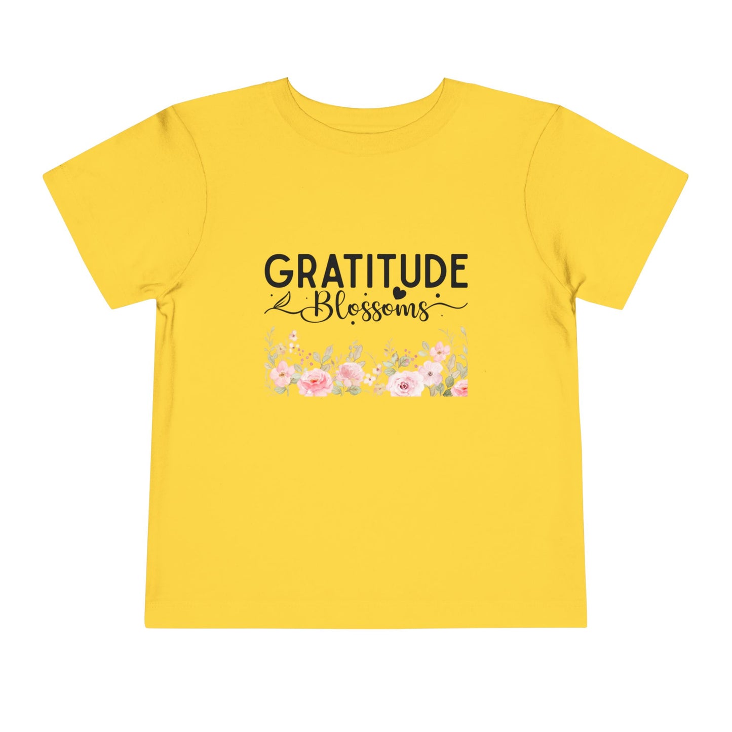 Soft cotton toddler tee with Gratitude Blooms text and watercolor florals. Perfect for church, spring celebrations, and faith-based wear. Sizes 2T-5T. Yellow
