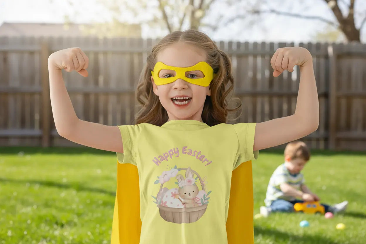 Toddler wearing Happy Easter tee with bunny in blossom basket design, Yellow
