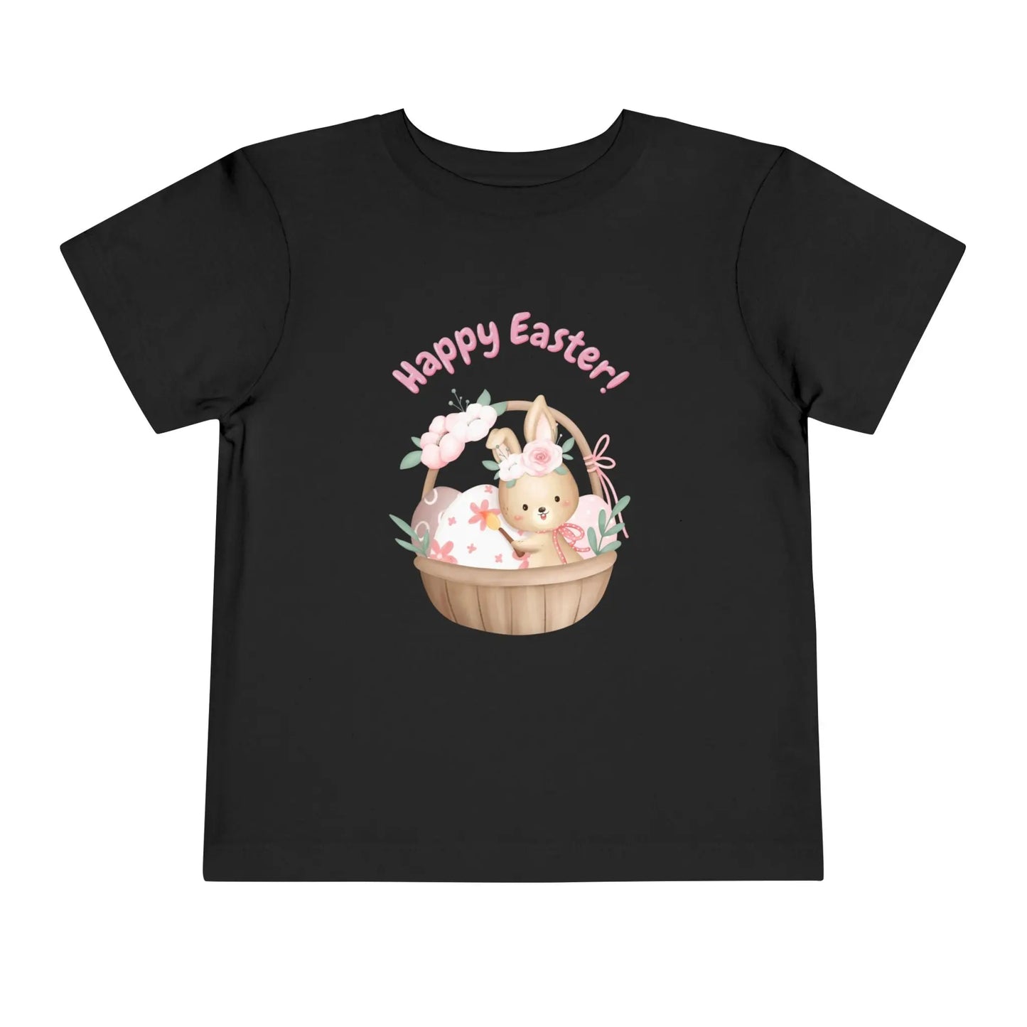 Soft cotton toddler tee with bunny in blossom-lined basket and Happy Easter rainbow lettering. Perfect for egg hunts and spring photos. Sizes 2T-5T. Black
