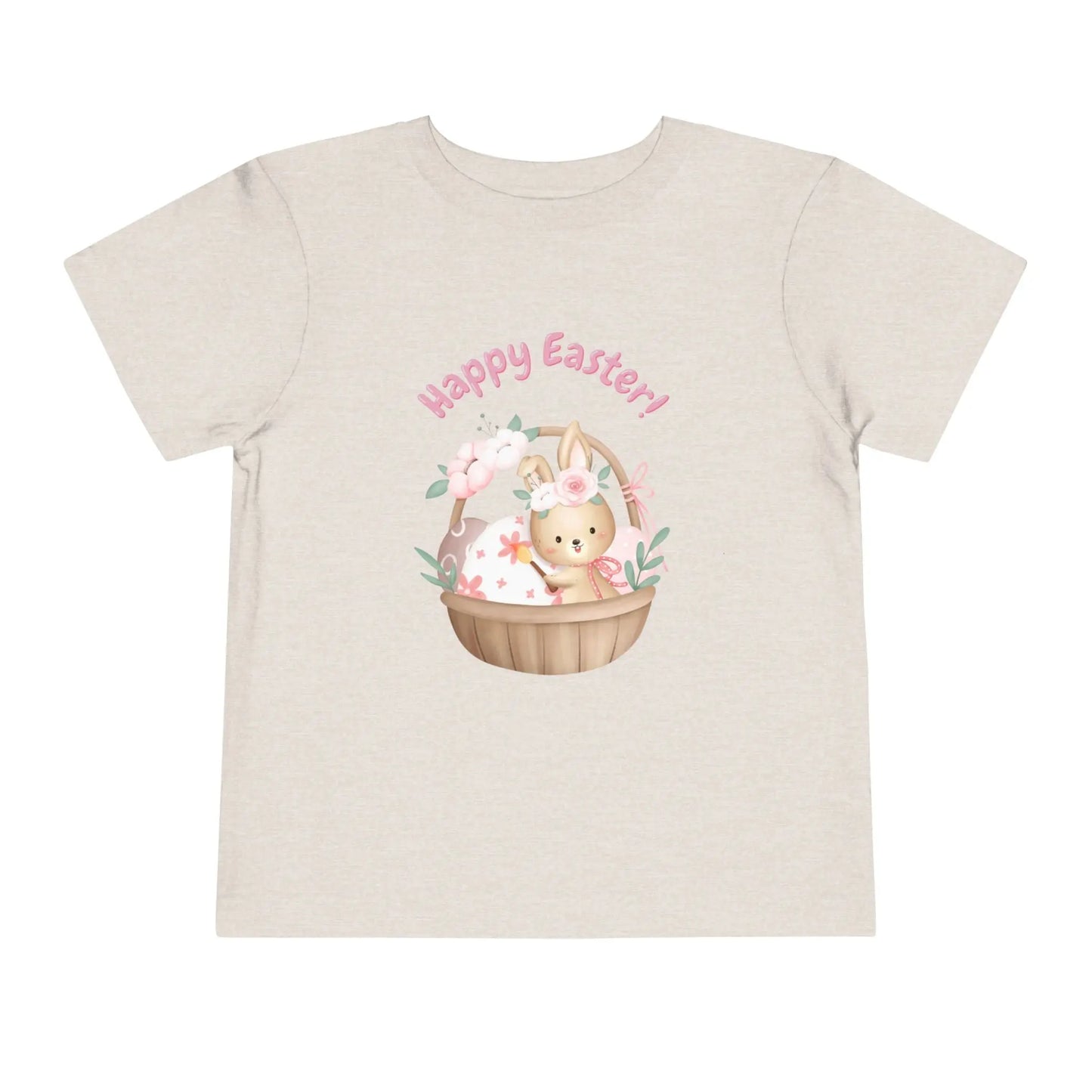 Soft cotton toddler tee with bunny in blossom-lined basket and Happy Easter rainbow lettering. Perfect for egg hunts and spring photos. Sizes 2T-5T. Heather Dust