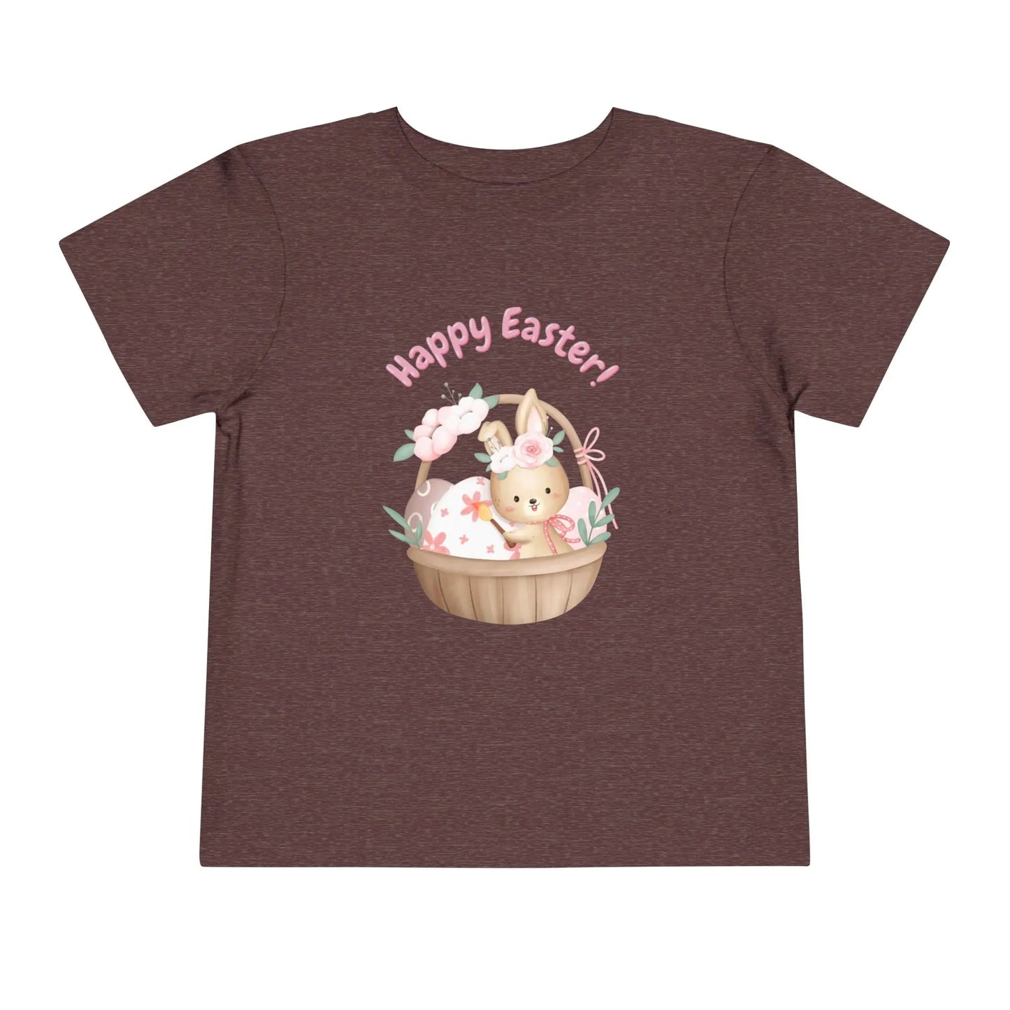 Soft cotton toddler tee with bunny in blossom-lined basket and Happy Easter rainbow lettering. Perfect for egg hunts and spring photos. Sizes 2T-5T. Heather Maroon