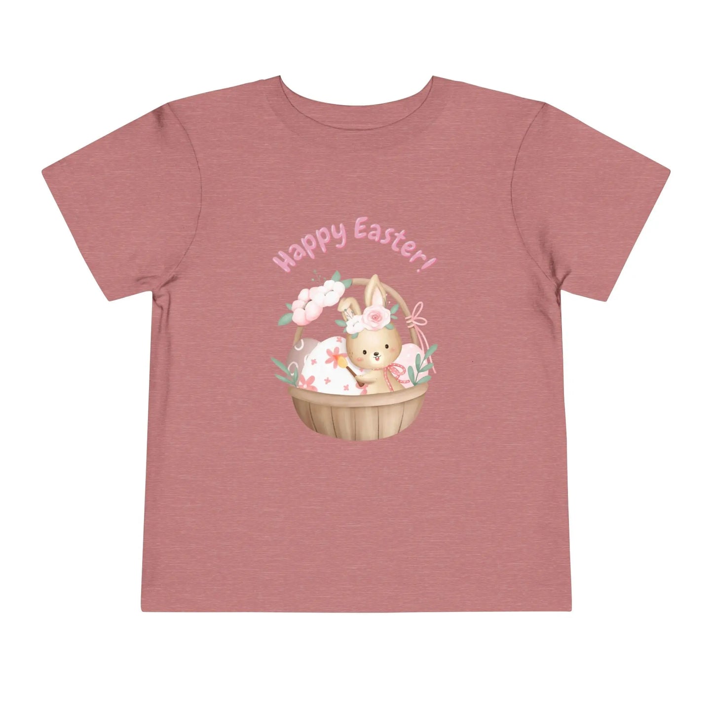 Soft cotton toddler tee with bunny in blossom-lined basket and Happy Easter rainbow lettering. Perfect for egg hunts and spring photos. Sizes 2T-5T. Heather Mauve