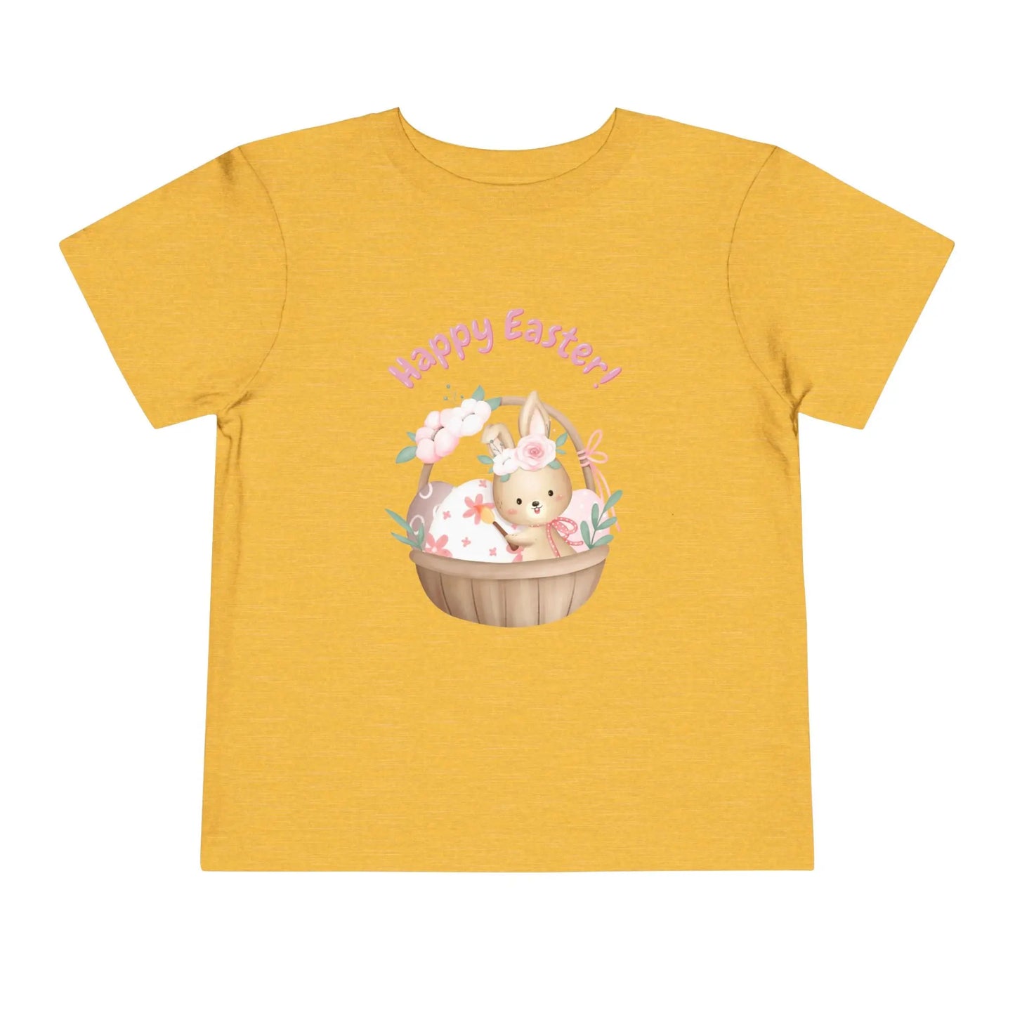 Soft cotton toddler tee with bunny in blossom-lined basket and Happy Easter rainbow lettering. Perfect for egg hunts and spring photos. Sizes 2T-5T. Heather Yellow Gold