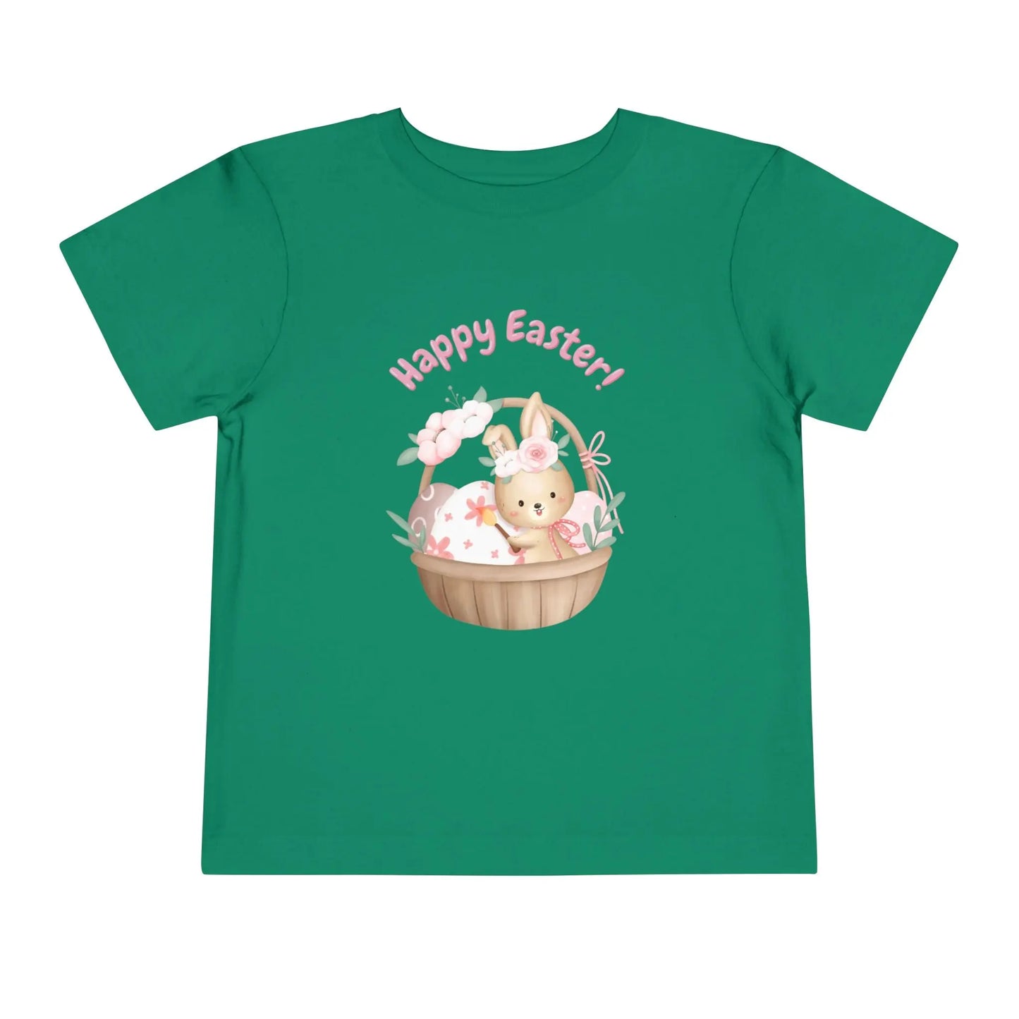 Soft cotton toddler tee with bunny in blossom-lined basket and Happy Easter rainbow lettering. Perfect for egg hunts and spring photos. Sizes 2T-5T. Kelly Green