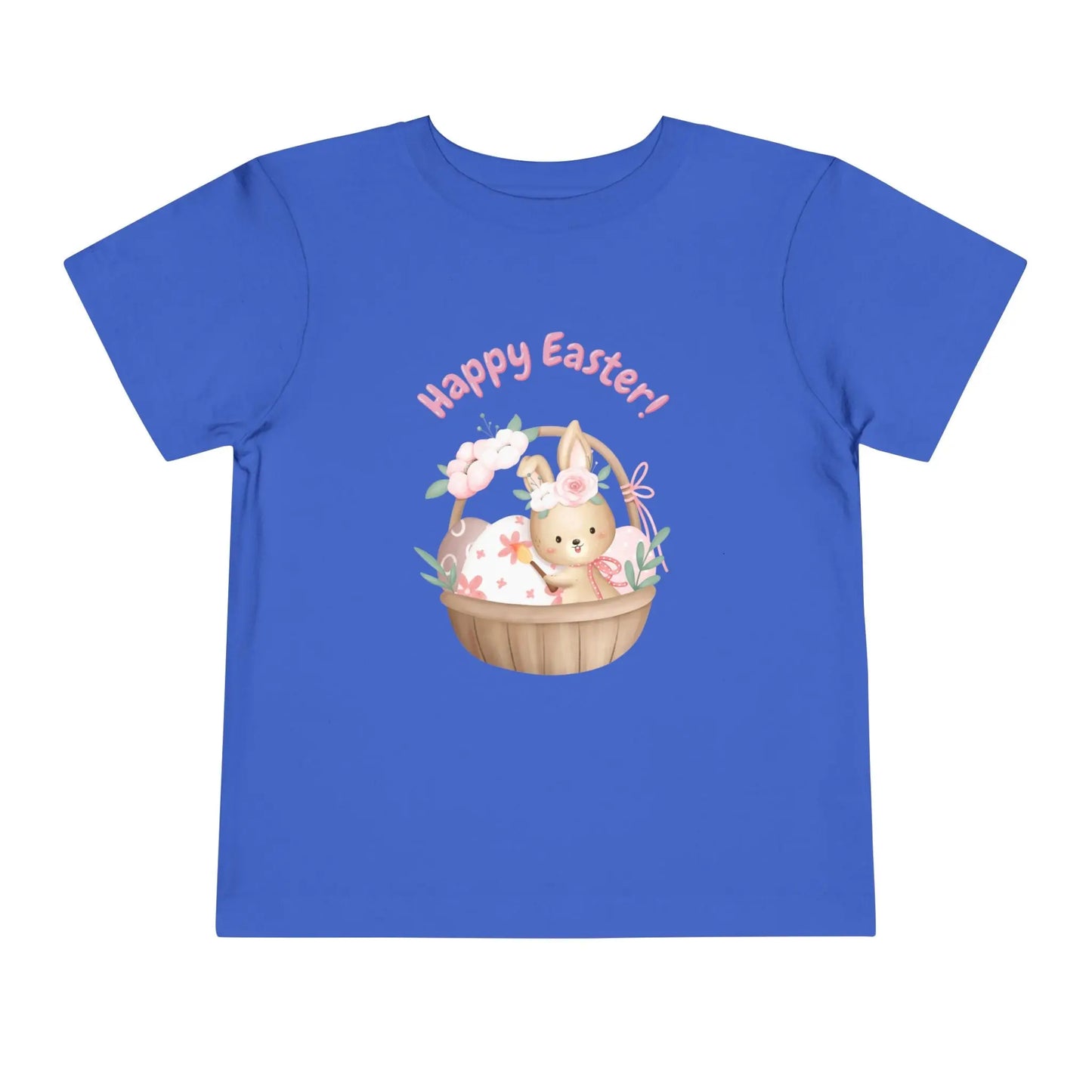 Soft cotton toddler tee with bunny in blossom-lined basket and Happy Easter rainbow lettering. Perfect for egg hunts and spring photos. Sizes 2T-5T. True Royal