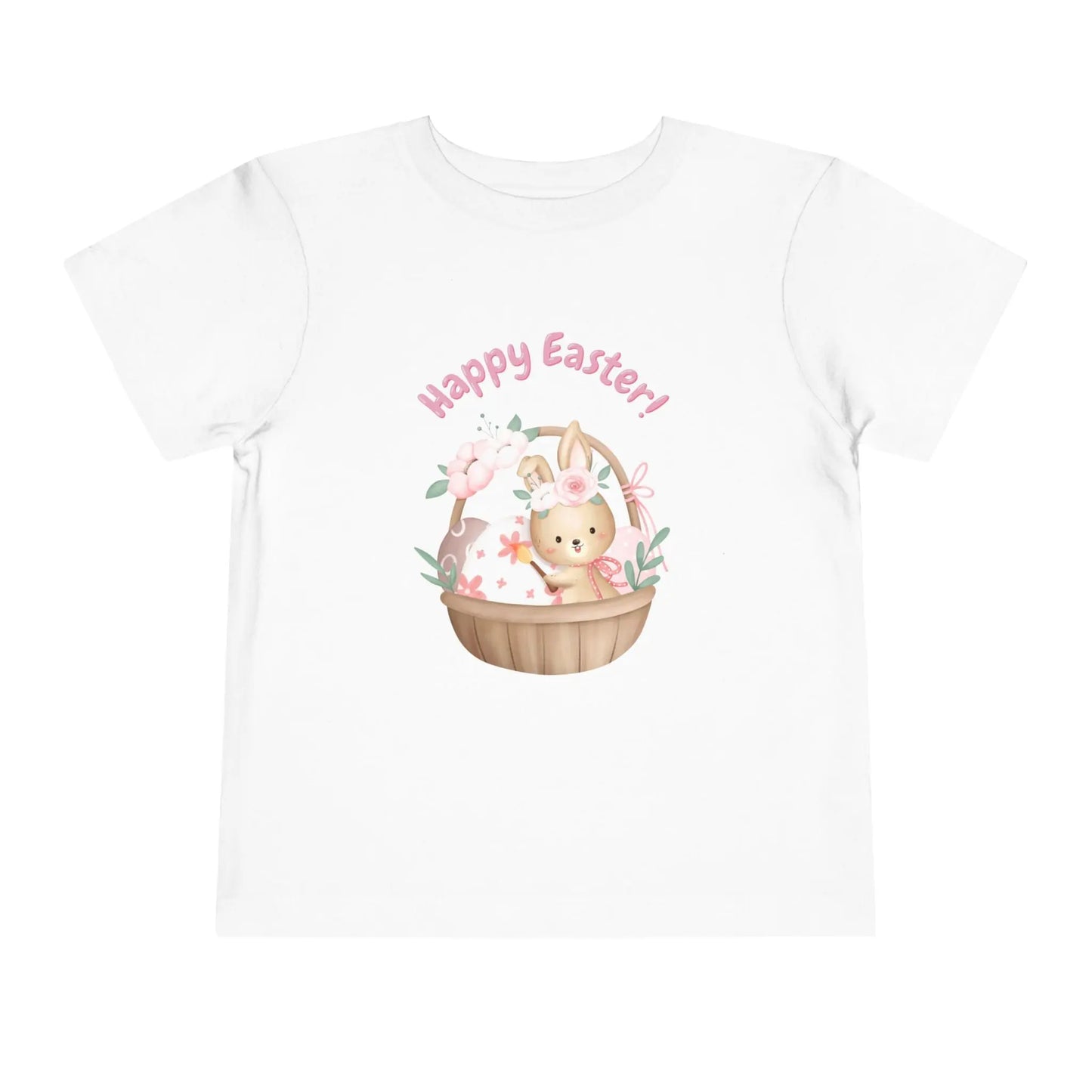 Soft cotton toddler tee with bunny in blossom-lined basket and Happy Easter rainbow lettering. Perfect for egg hunts and spring photos. Sizes 2T-5T. White