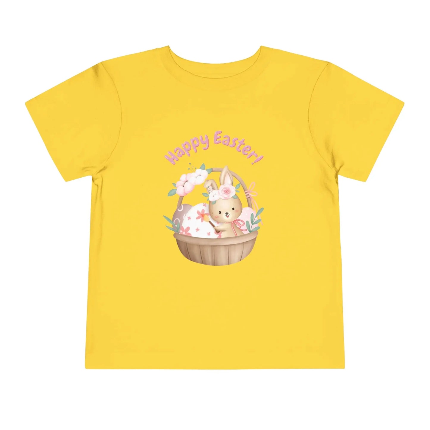Soft cotton toddler tee with bunny in blossom-lined basket and Happy Easter rainbow lettering. Perfect for egg hunts and spring photos. Sizes 2T-5T. Yellow