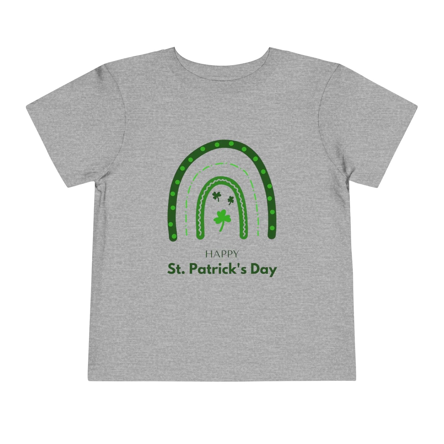Soft cotton toddler tee with Happy St. Patrick's Day message, green rainbow, and shamrocks. Perfect for parades and celebrations. Sizes 2T-5T.
Athletic Heather