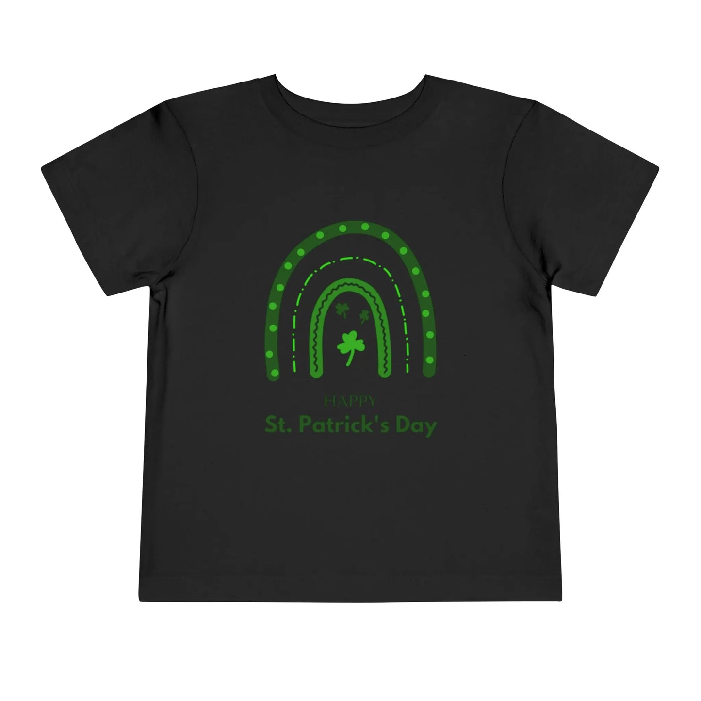 Soft cotton toddler tee with Happy St. Patrick's Day message, green rainbow, and shamrocks. Perfect for parades and celebrations. Sizes 2T-5T.
Black