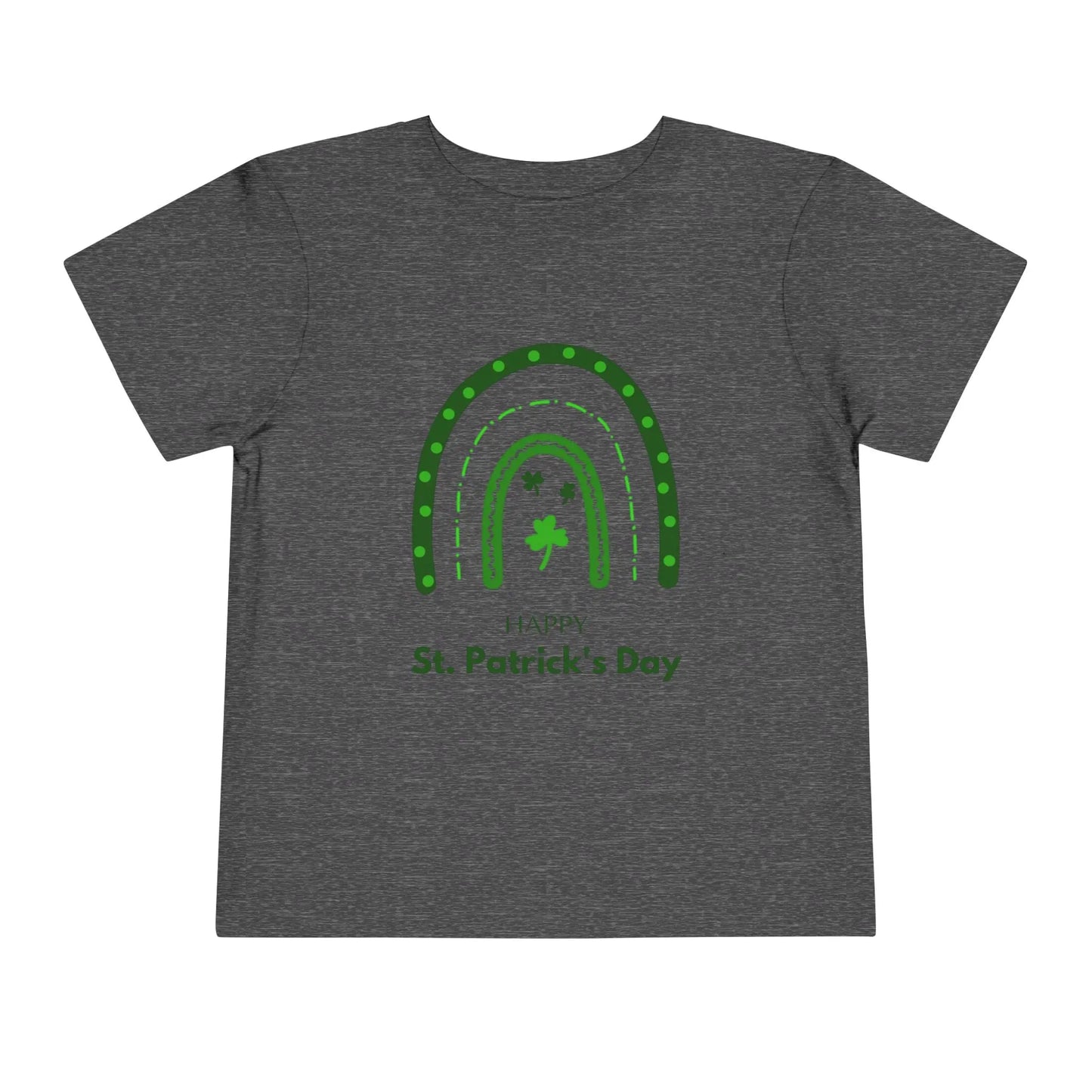 Soft cotton toddler tee with Happy St. Patrick's Day message, green rainbow, and shamrocks. Perfect for parades and celebrations. Sizes 2T-5T.
Dark Heather Grey