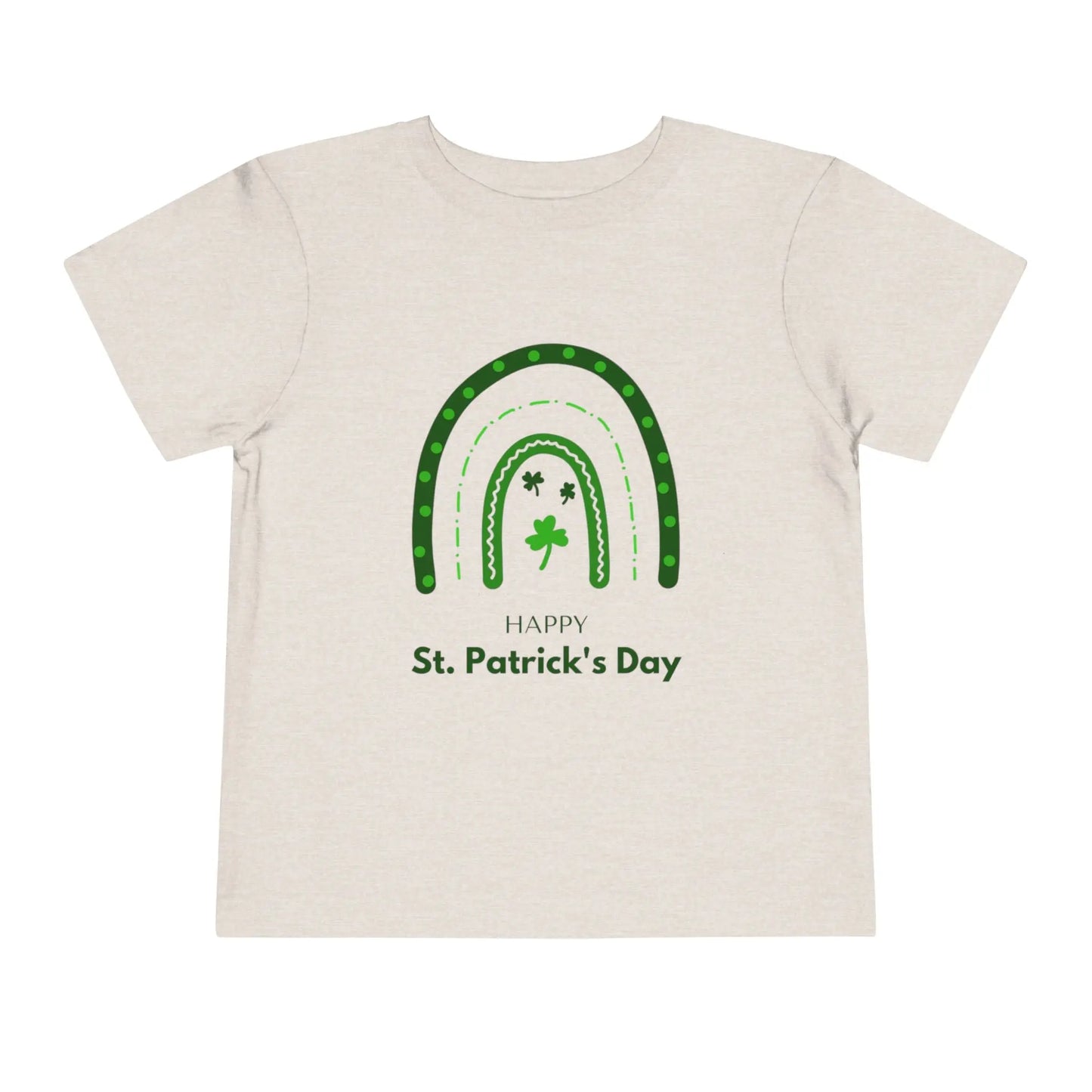 Soft cotton toddler tee with Happy St. Patrick's Day message, green rainbow, and shamrocks. Perfect for parades and celebrations. Sizes 2T-5T.
Heather Dust