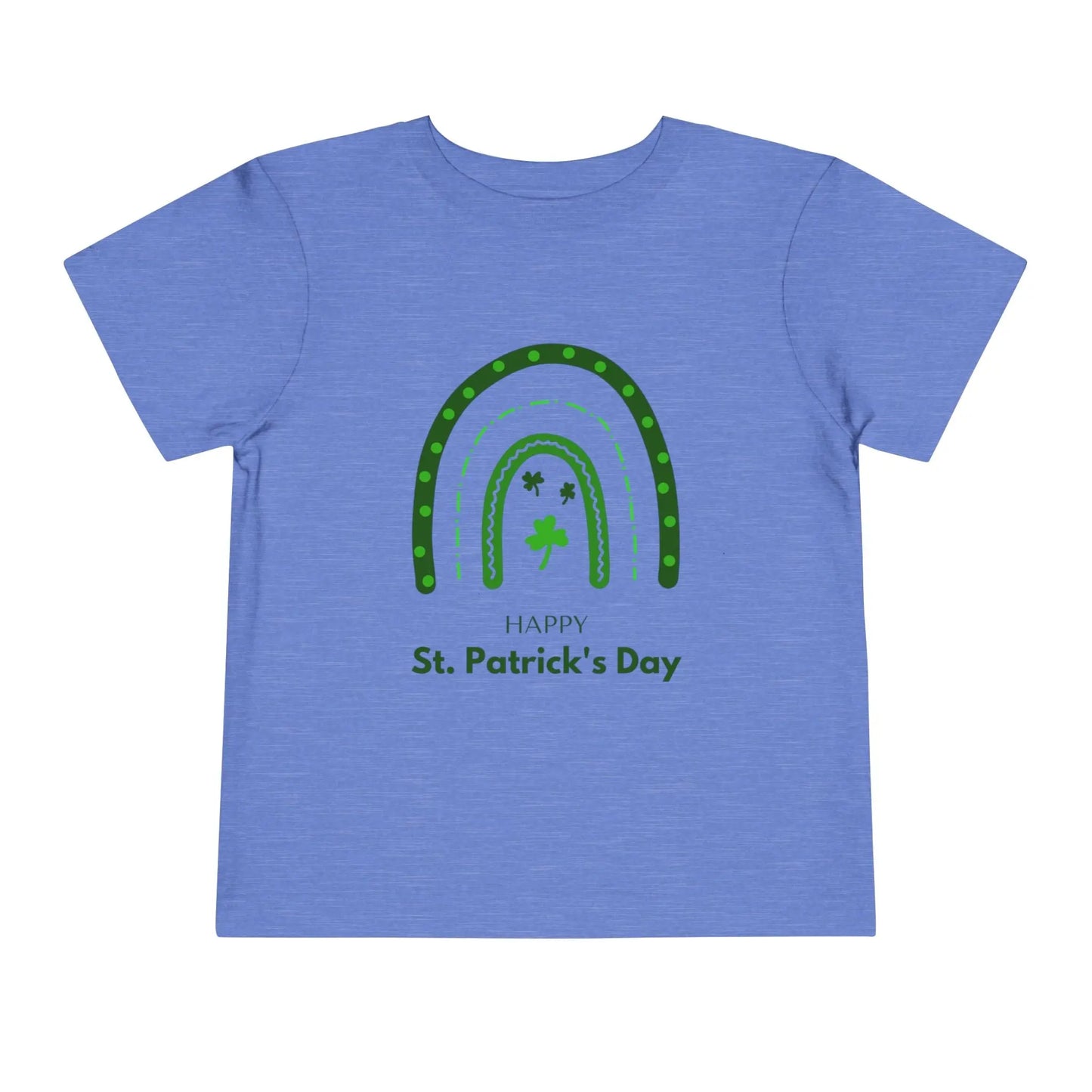 Soft cotton toddler tee with Happy St. Patrick's Day message, green rainbow, and shamrocks. Perfect for parades and celebrations. Sizes 2T-5T.
Heather Columbia Blue