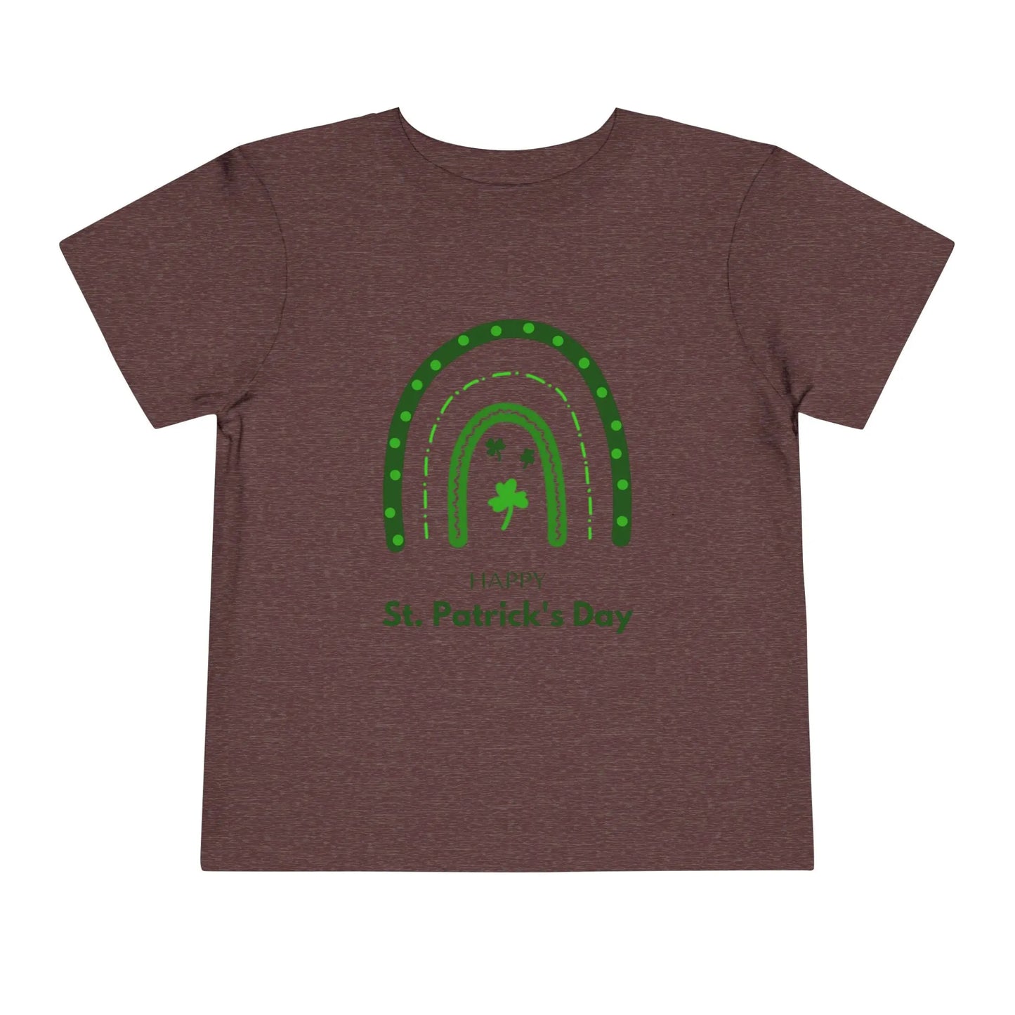 Soft cotton toddler tee with Happy St. Patrick's Day message, green rainbow, and shamrocks. Perfect for parades and celebrations. Sizes 2T-5T.
Heather Maroon