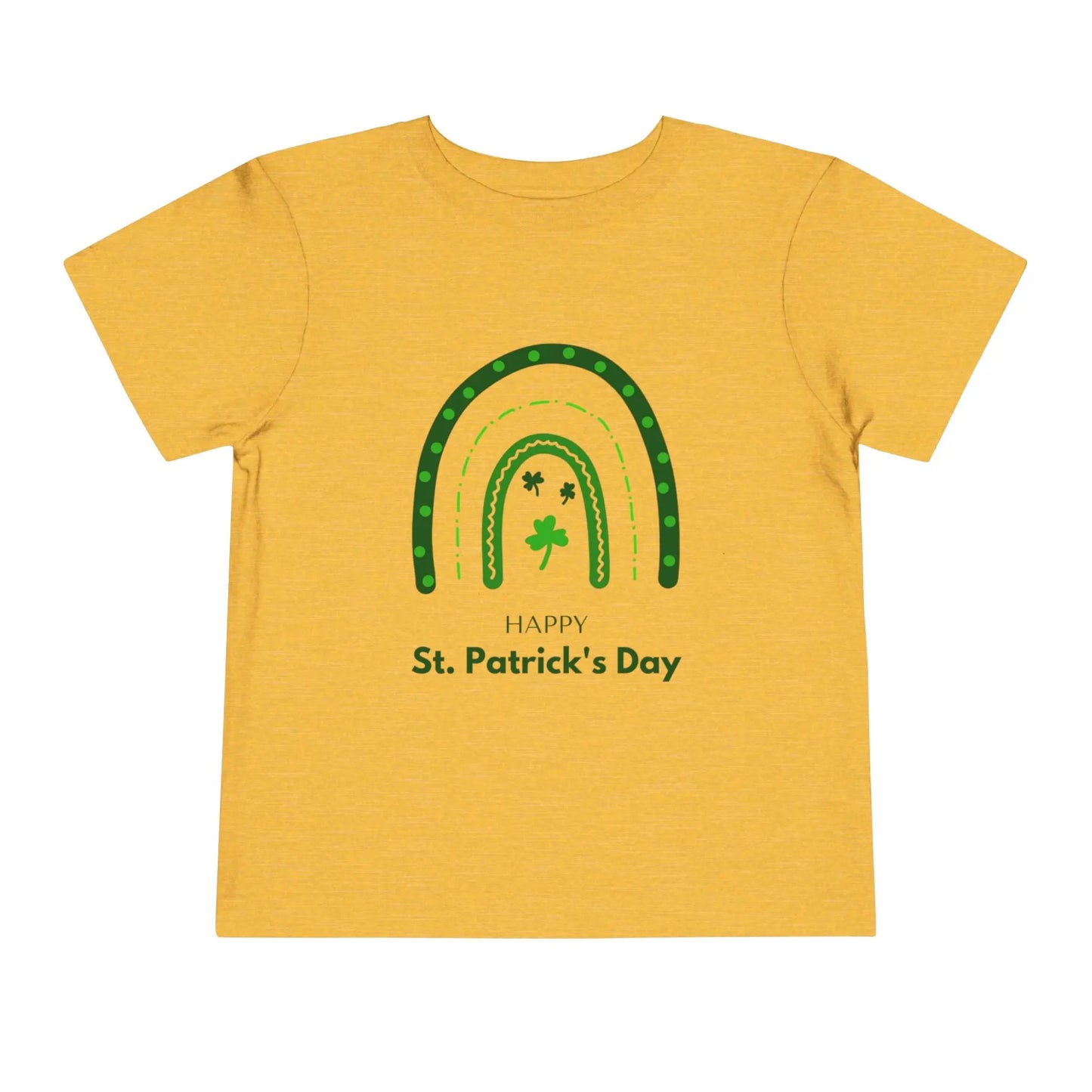 Soft cotton toddler tee with Happy St. Patrick's Day message, green rainbow, and shamrocks. Perfect for parades and celebrations. Sizes 2T-5T.
Heather Yellow Gold