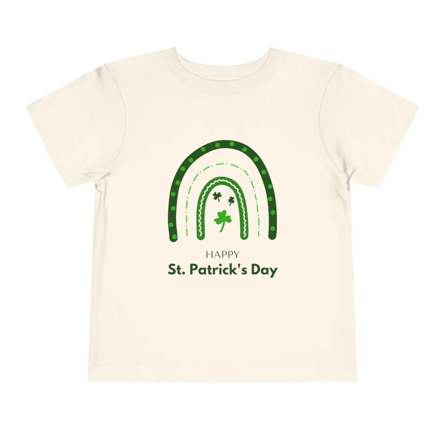 Soft cotton toddler tee with Happy St. Patrick's Day message, green rainbow, and shamrocks. Perfect for parades and celebrations. Sizes 2T-5T.
Natural