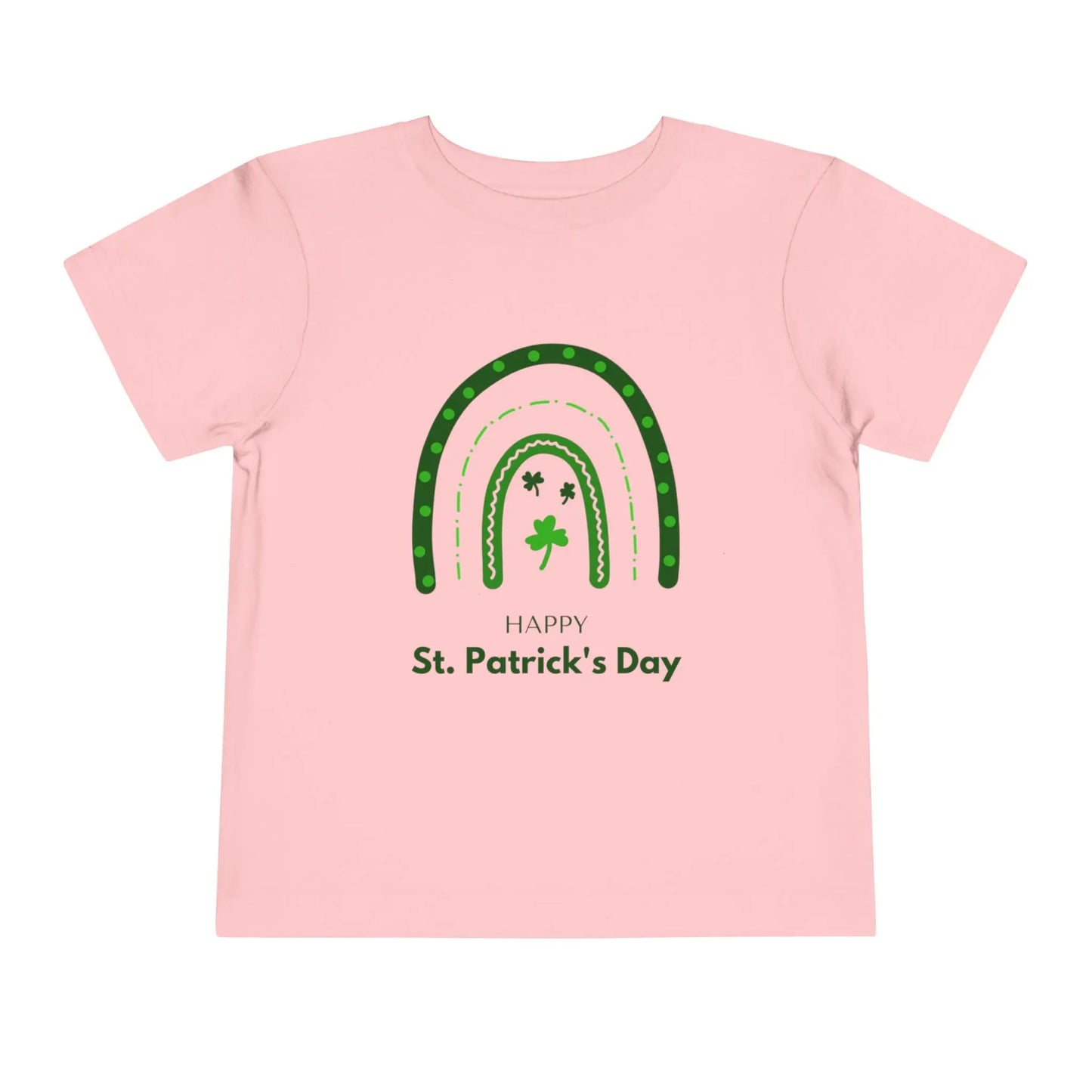 Soft cotton toddler tee with Happy St. Patrick's Day message, green rainbow, and shamrocks. Perfect for parades and celebrations. Sizes 2T-5T.
Pink
