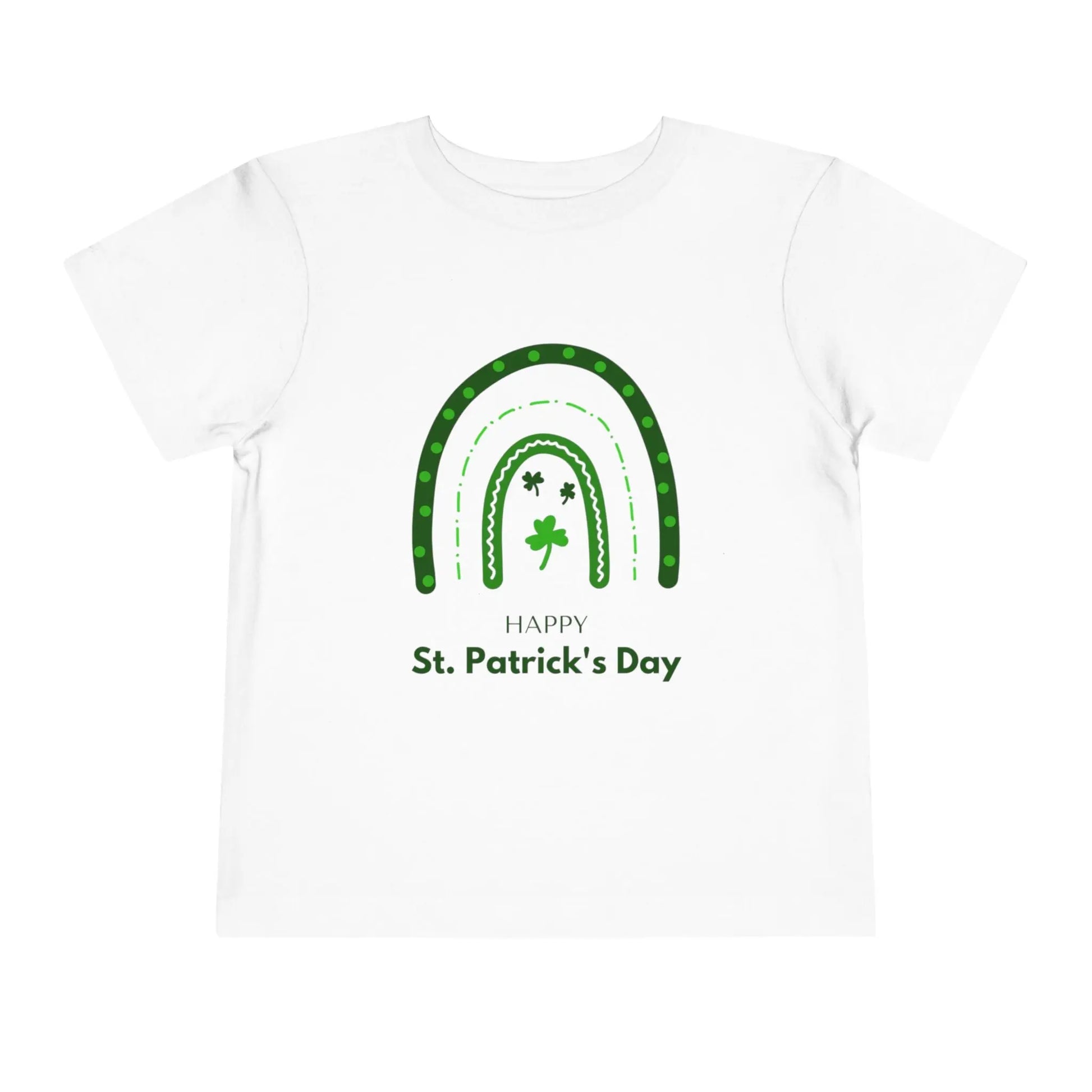 Soft cotton toddler tee with Happy St. Patrick's Day message, green rainbow, and shamrocks. Perfect for parades and celebrations. Sizes 2T-5T.
White