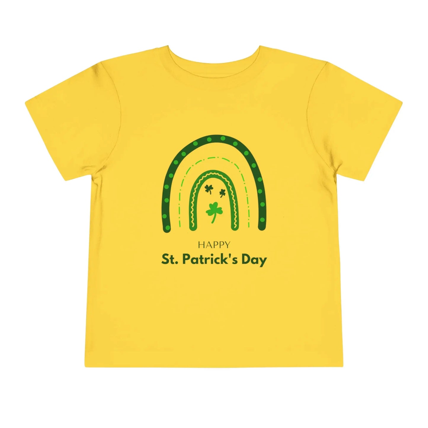 Soft cotton toddler tee with Happy St. Patrick's Day message, green rainbow, and shamrocks. Perfect for parades and celebrations. Sizes 2T-5T.
Yellow