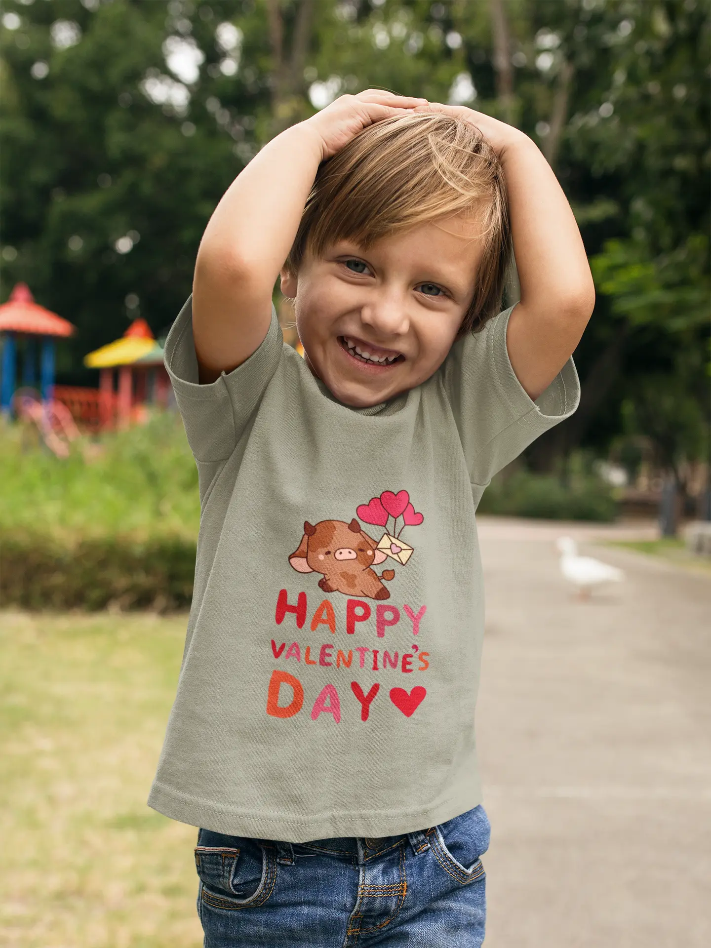 Toddler wearing Valentine's Day tee with cute cupid bear holding heart balloons, Heather Stone
