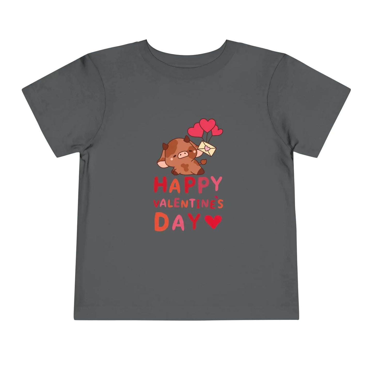 Soft cotton toddler tee with adorable character holding heart balloons and love note. Perfect for Valentine's Day celebrations. Sizes 2T-5T. Asphalt