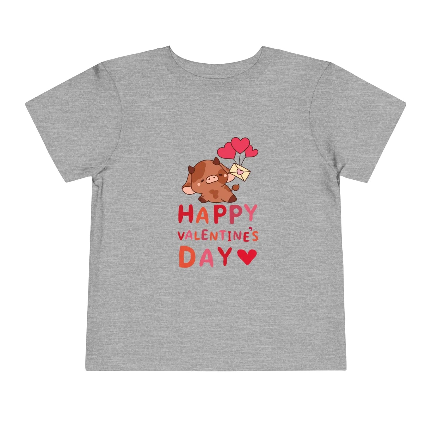Soft cotton toddler tee with adorable character holding heart balloons and love note. Perfect for Valentine's Day celebrations. Sizes 2T-5T. Athletic Heather