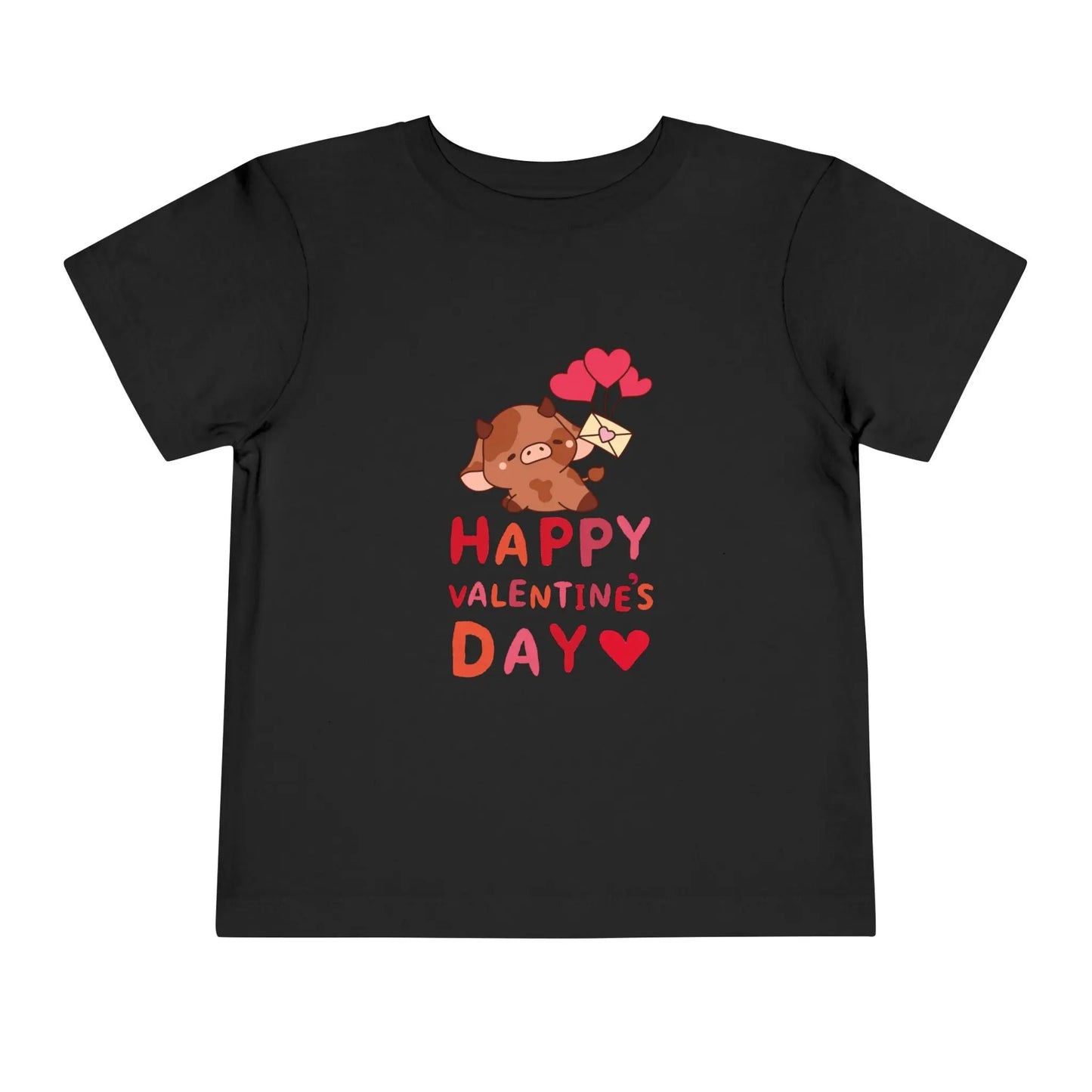 Soft cotton toddler tee with adorable character holding heart balloons and love note. Perfect for Valentine's Day celebrations. Sizes 2T-5T. Black