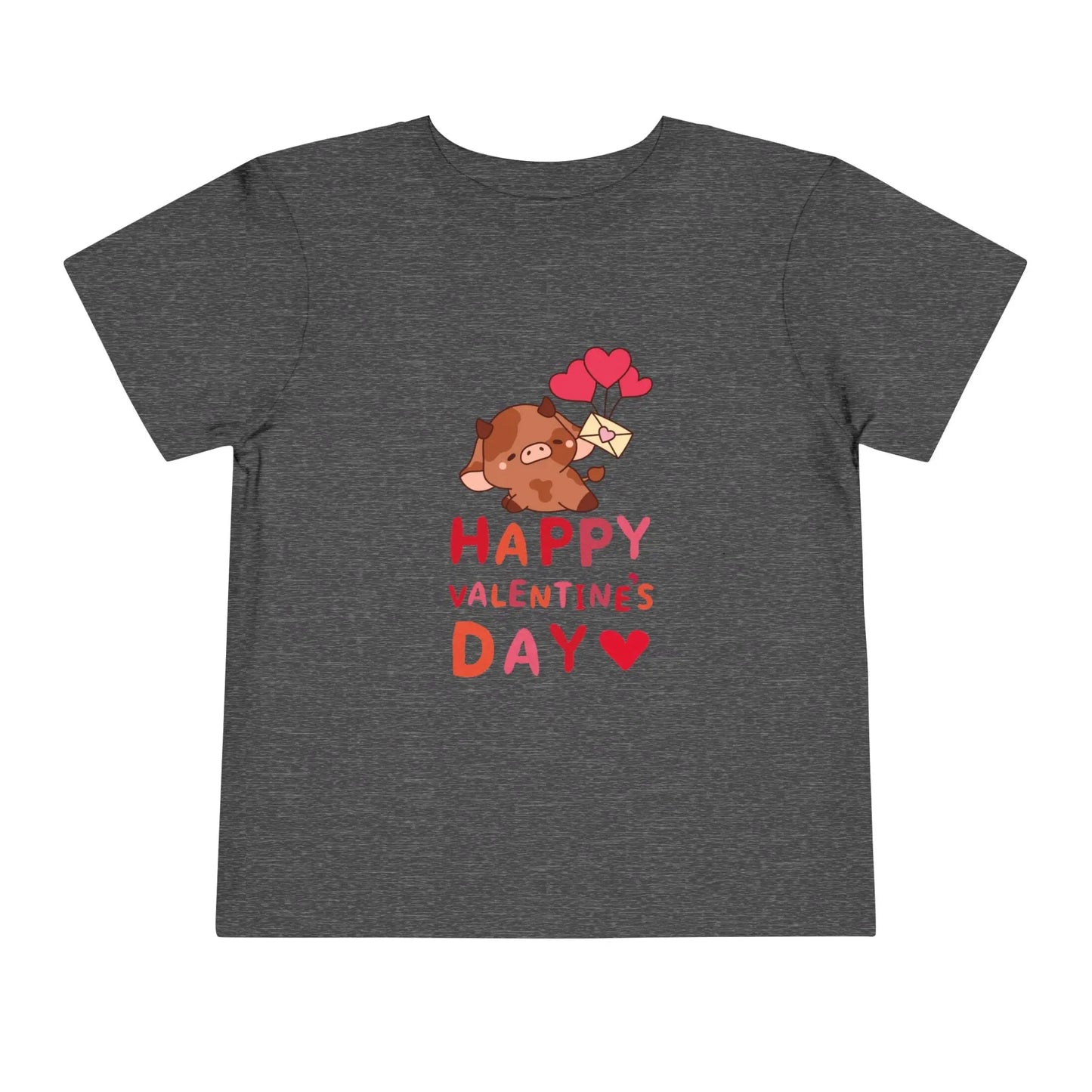 Soft cotton toddler tee with adorable character holding heart balloons and love note. Perfect for Valentine's Day celebrations. Sizes 2T-5T. Dark Heather Grey