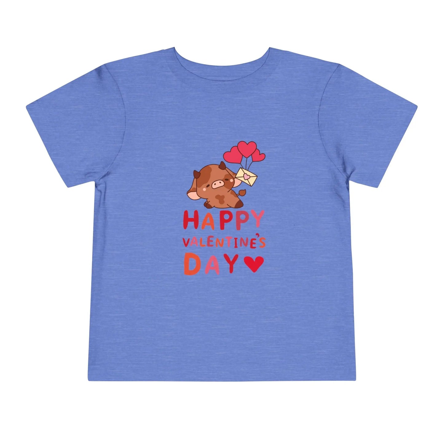 Soft cotton toddler tee with adorable character holding heart balloons and love note. Perfect for Valentine's Day celebrations. Sizes 2T-5T. Heather Columbia Blue