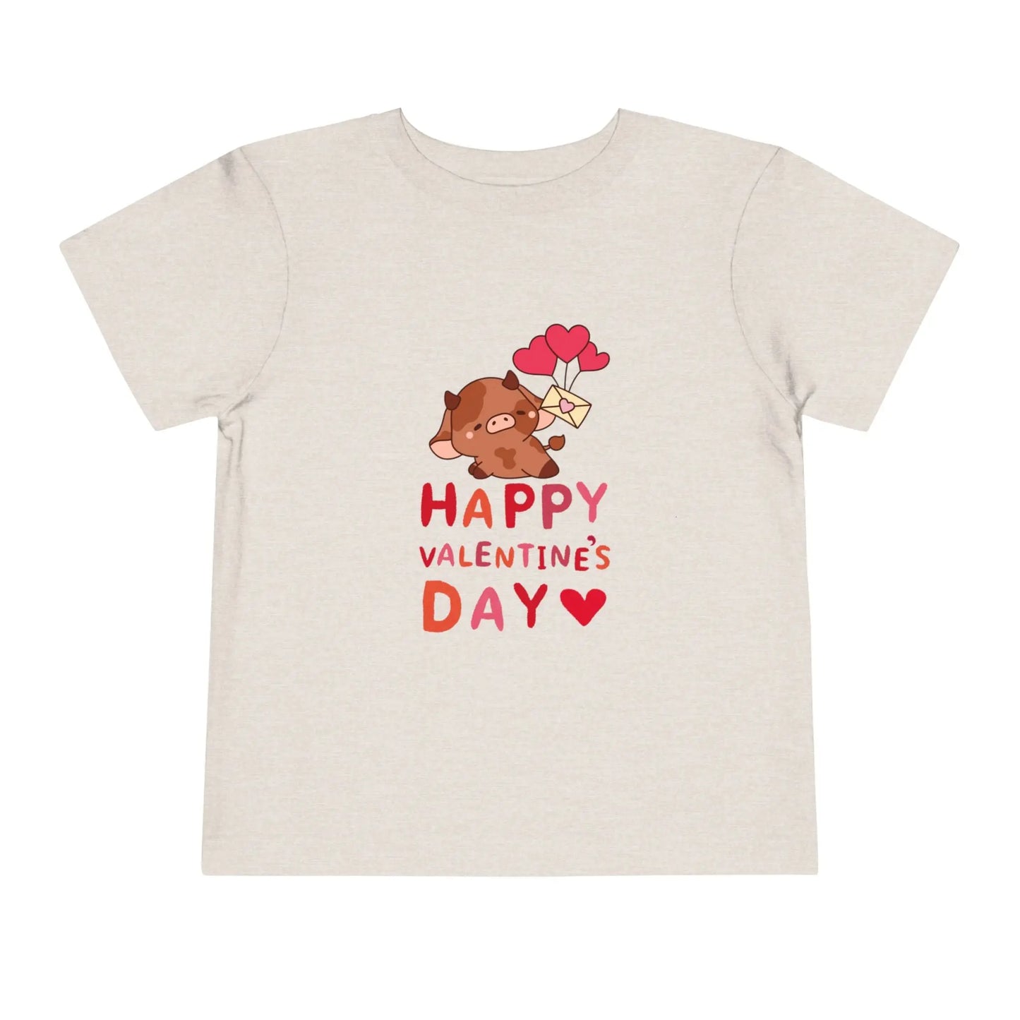 Soft cotton toddler tee with adorable character holding heart balloons and love note. Perfect for Valentine's Day celebrations. Sizes 2T-5T. Heather Dust