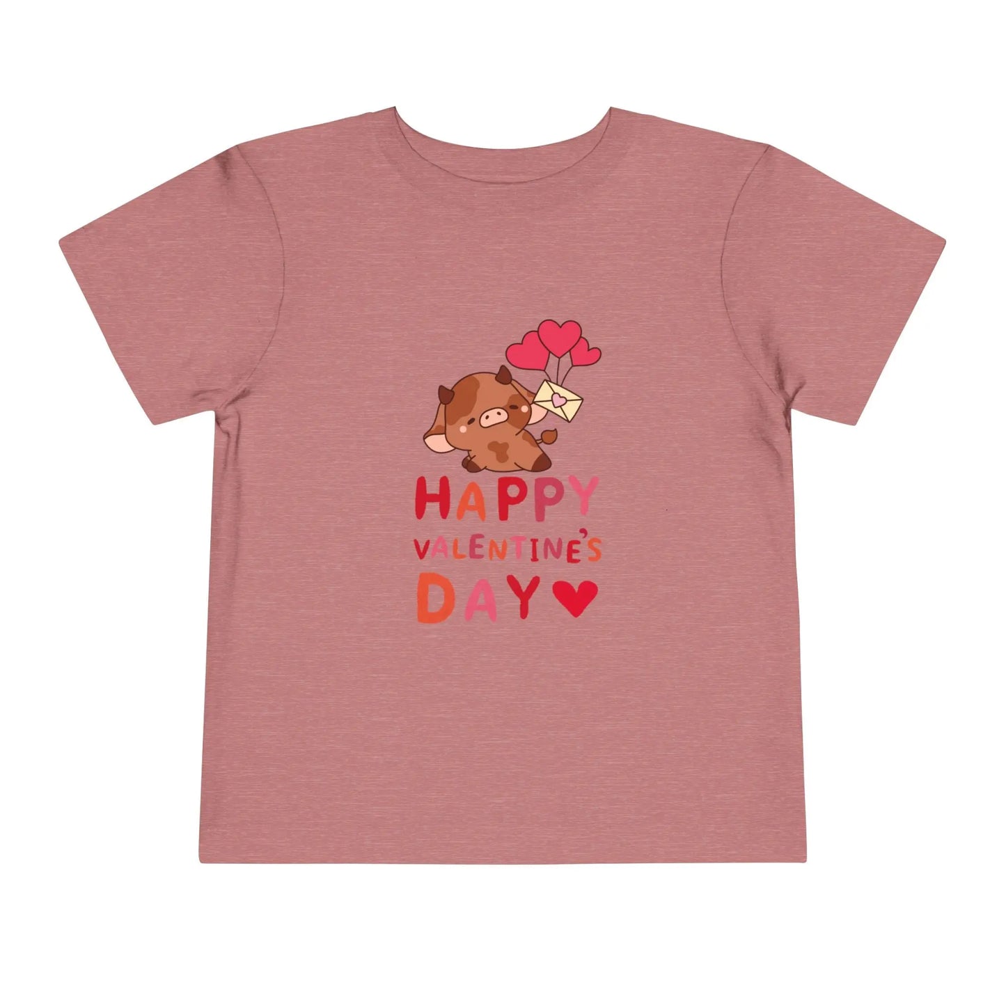 Soft cotton toddler tee with adorable character holding heart balloons and love note. Perfect for Valentine's Day celebrations. Sizes 2T-5T. Heather Mauve