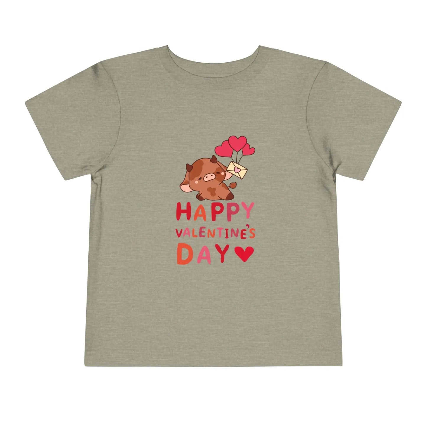 Soft cotton toddler tee with adorable character holding heart balloons and love note. Perfect for Valentine's Day celebrations. Sizes 2T-5T. Heather Stone