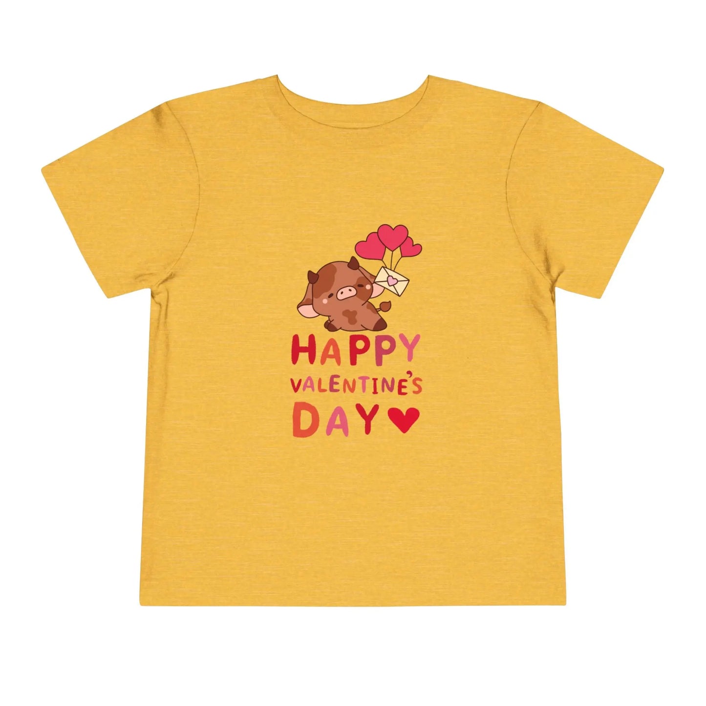 Soft cotton toddler tee with adorable character holding heart balloons and love note. Perfect for Valentine's Day celebrations. Sizes 2T-5T. Heather Yellow Gold